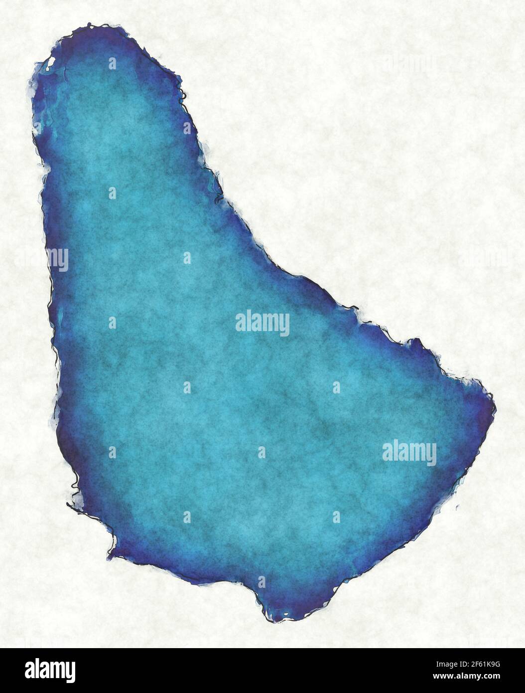 Mappa delle Barbados con linee tracciate e illustrazione blu dell'acquerello Foto Stock