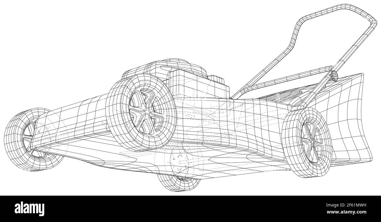 Potente tosaerba. Attrezzatura da giardinaggio tagliaerba. Vettore creato di 3d, wire-frame Illustrazione Vettoriale