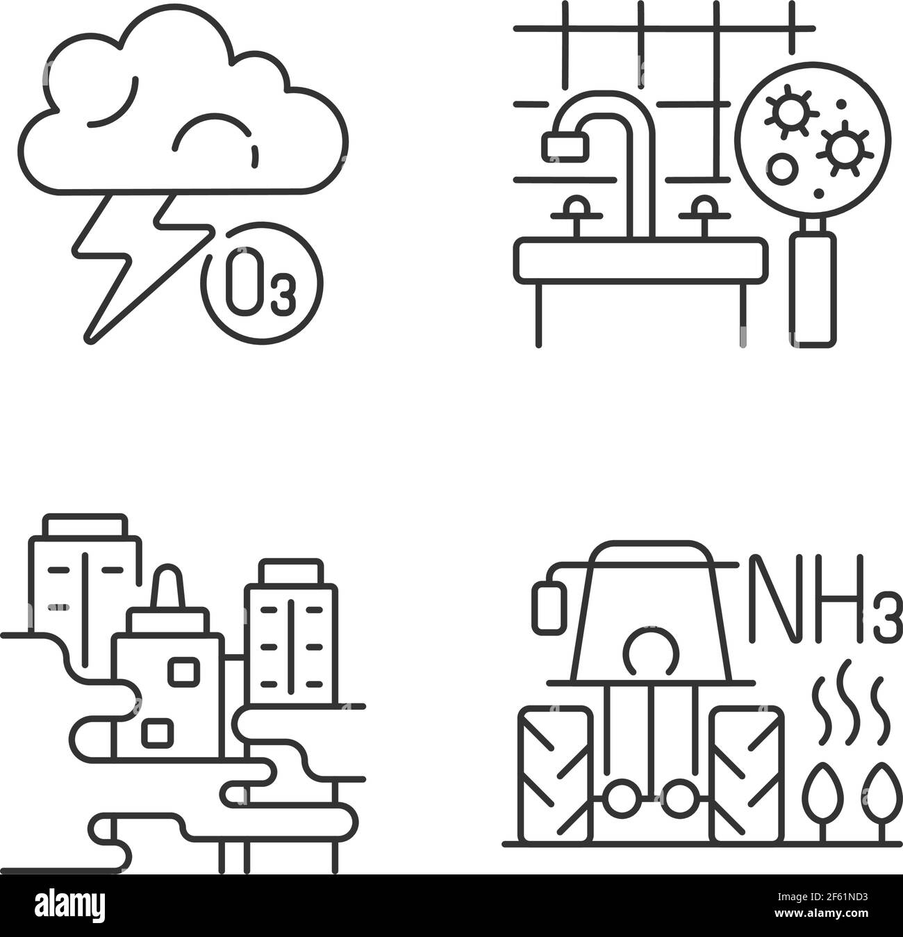 Set di icone lineari inquinamento atmosferico Illustrazione Vettoriale