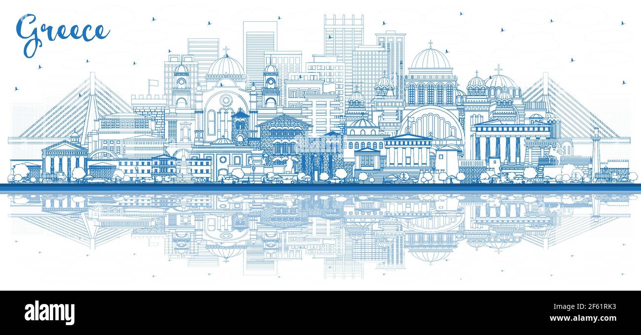 Profilo Benvenuti in Grecia City Skyline con edifici blu e riflessi. Illustrazione vettoriale. Architettura storica. Grecia paesaggio urbano con punto di riferimento. Illustrazione Vettoriale