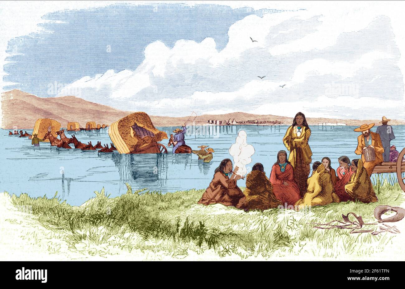 Colorado Gold Rush, Wagon Train e nativi americani, 1859 Foto Stock
