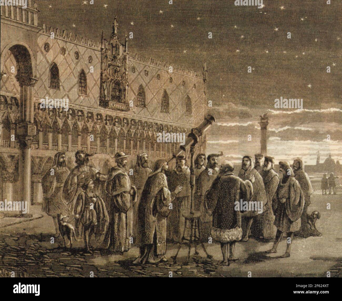 Galileo mostra i satelliti di Giove ai senatori veneziani Foto Stock