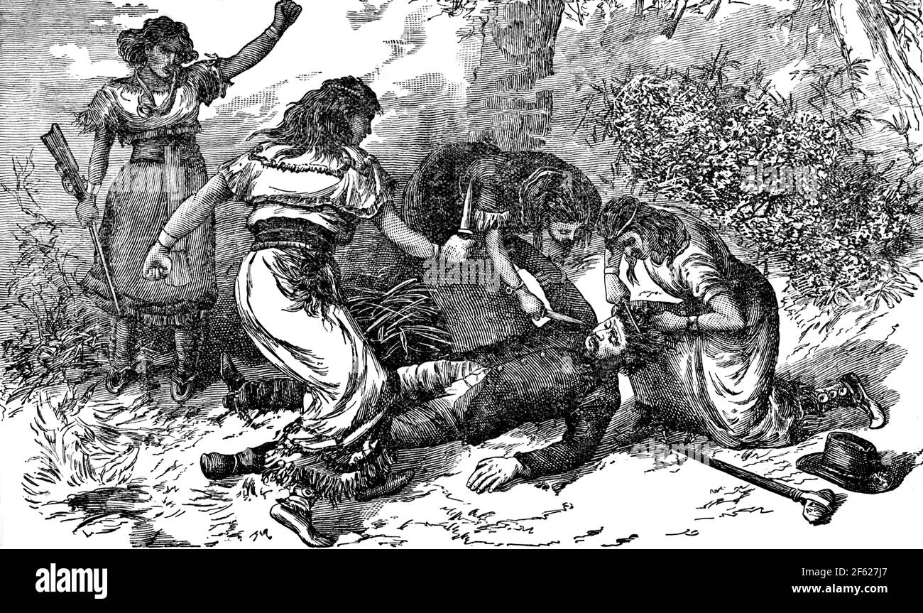 Nativi americani che scalpano Pioneer, 18 ° secolo Foto Stock
