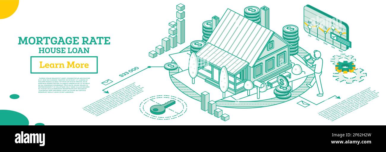 Prestito di casa o investimento di soldi al bene immobile. Tasso ipotecario. Illustrazione vettoriale. Concetto di struttura isometrica con edificio residenziale. Illustrazione Vettoriale