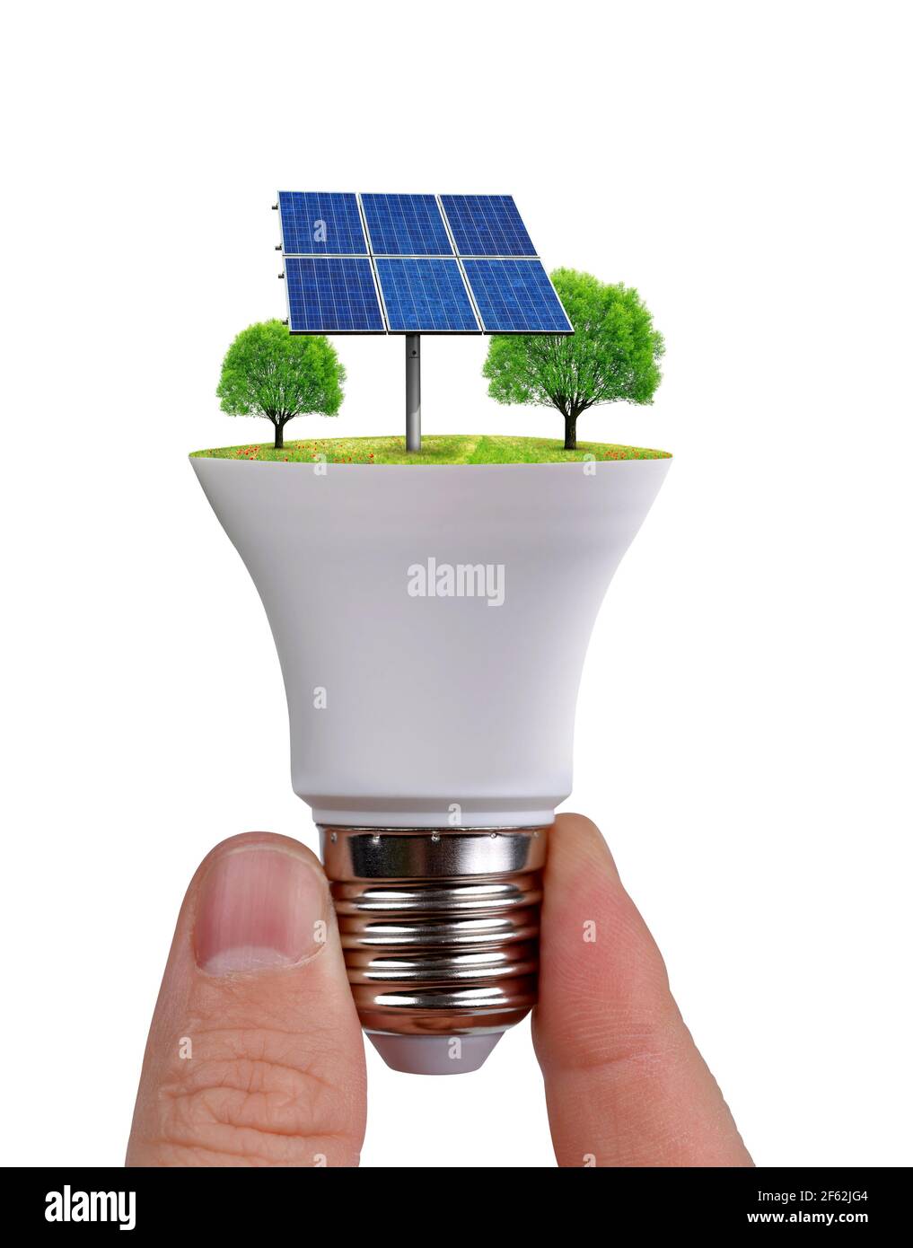 Lampada a LED Eco con supporto manuale e pannello solare isolato su sfondo bianco. Concetto di energia verde. Foto Stock