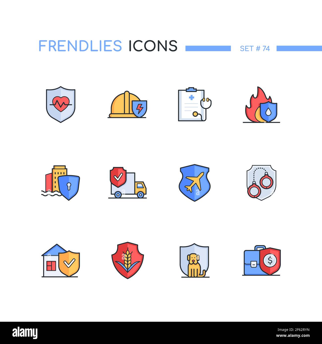 Assicurazioni - Set di icone di stile moderno di linea. Sicurezza e protezione dall'idea di perdita finanziaria. Vita, salute, incidente, medico, crimine, alluvione, affari Illustrazione Vettoriale