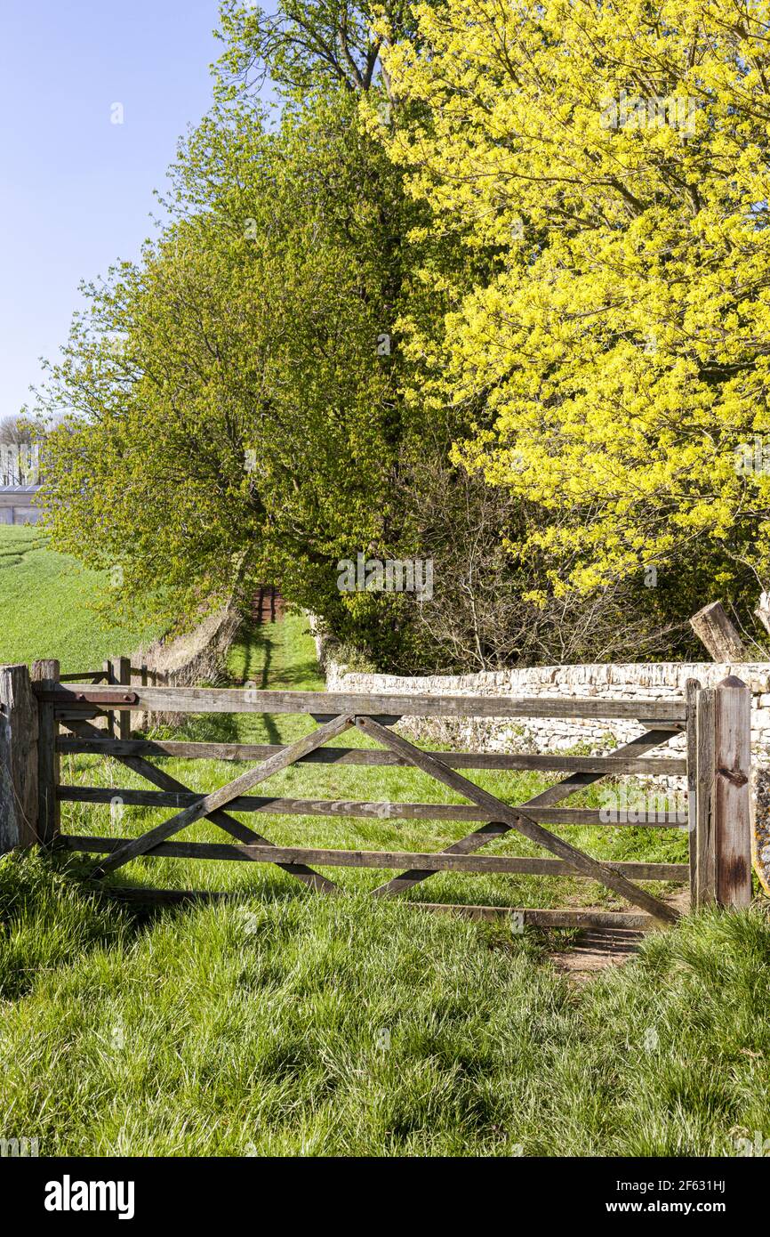 Un cancello di cinque bar su un sentiero pubblico in primavera vicino al villaggio di Cotswold di Miserden, Gloucestershire UK Foto Stock