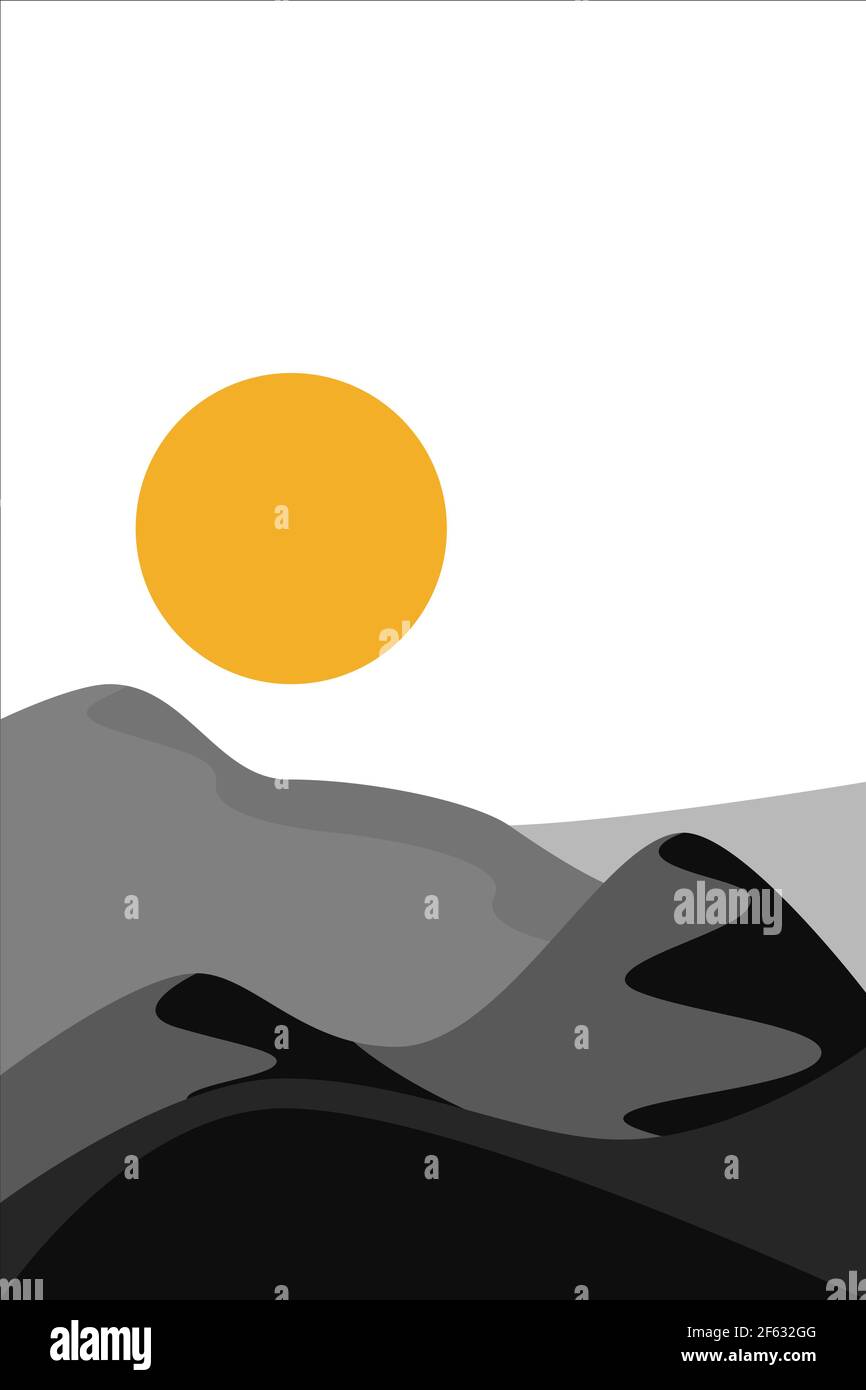 Deserto paesaggio boho astratto con il sole in colore nero. Vettore astratto sfondo estetico contemporaneo nei toni della Terra. Illustrazione Vettoriale
