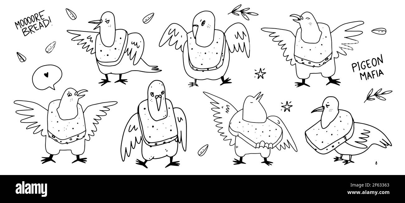 Uccelli di piccioni di cartone animato con una collana di pane. Contorno mano disegnata doodle illustrazione vettoriale di colombe. Set di caratteri piccioni. Clumsy, sarcastico e e. Illustrazione Vettoriale