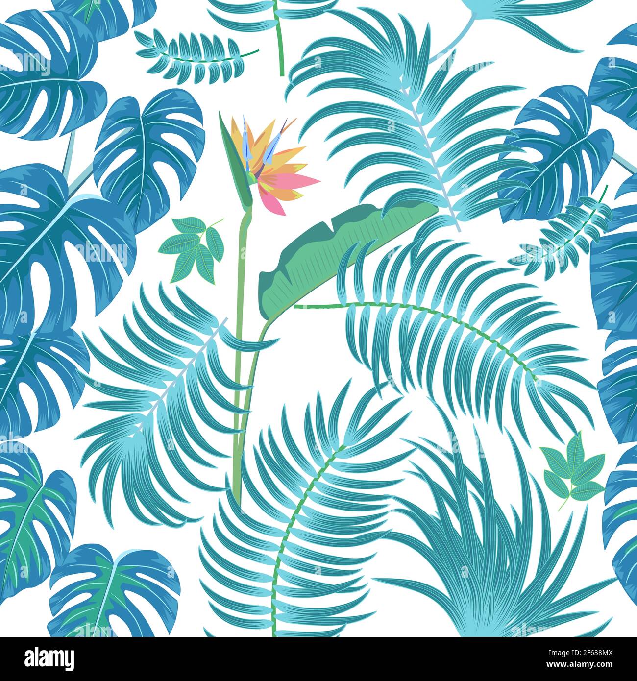 Modello vettoriale tropicale senza giunture con foglie di palma e fiori. Sfondo chiaro botanica, carta da parati giungla. Illustrazione Vettoriale