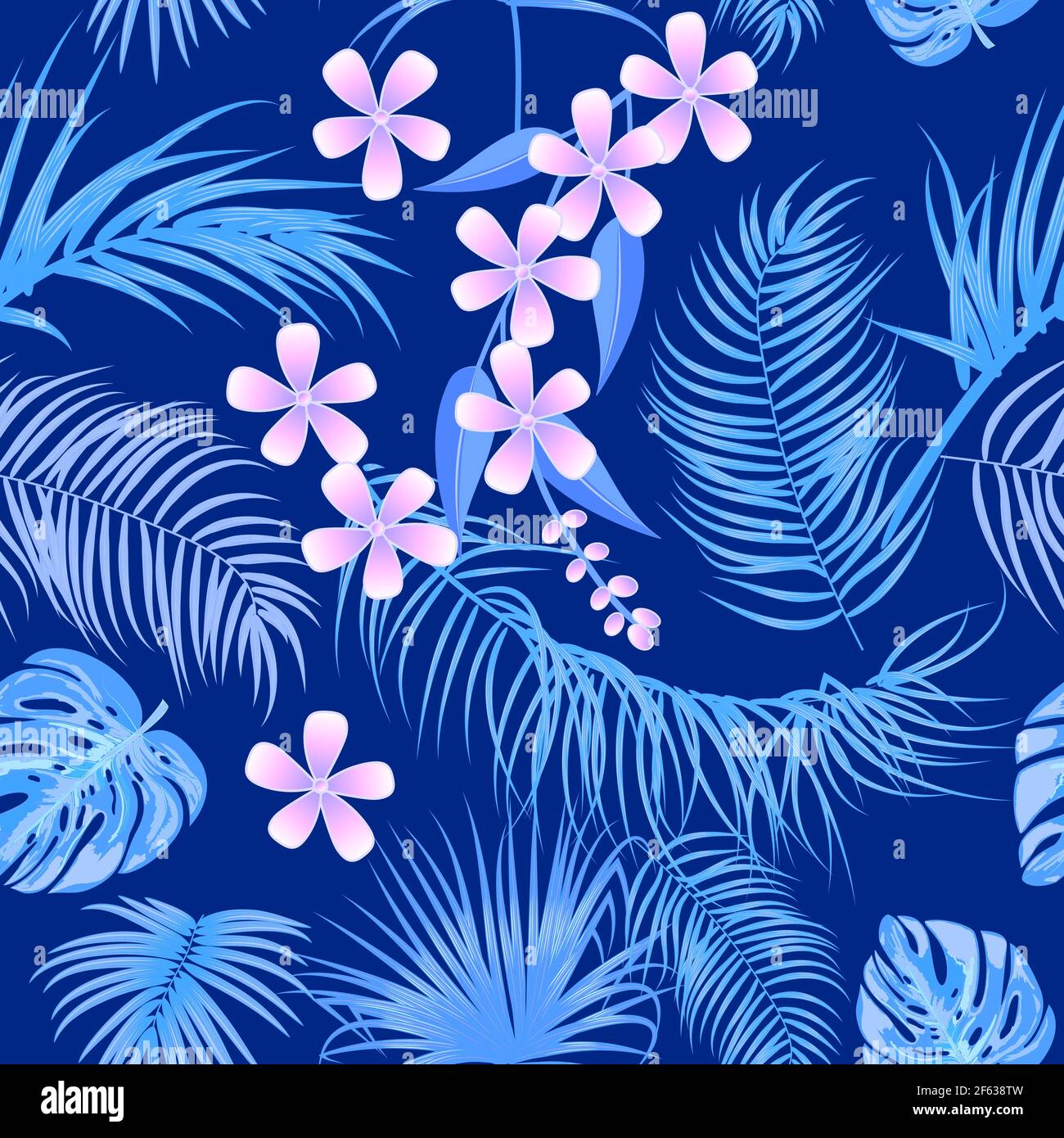 Blu vettore tropicale senza giunture con foglie di palma e fiori. Sfondo della giungla, sfondo. Illustrazione Vettoriale