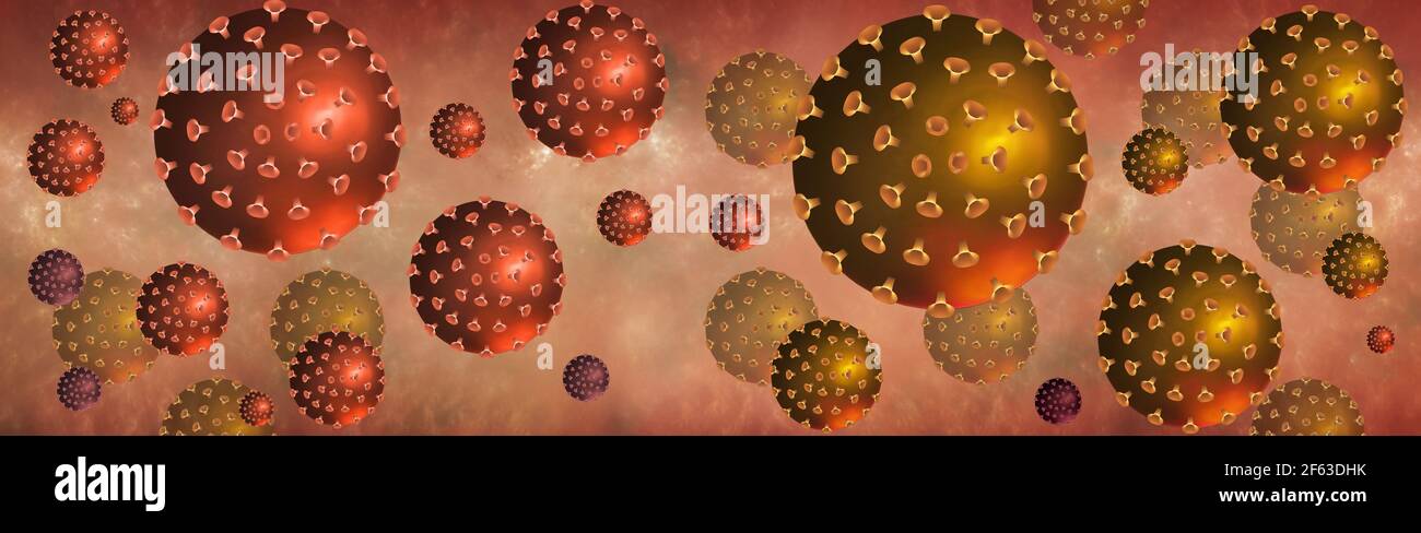 Modello 3D frattale di una pandemia su uno sfondo widescreen sfocato. La diffusione del coronavirus coving-19 Foto Stock