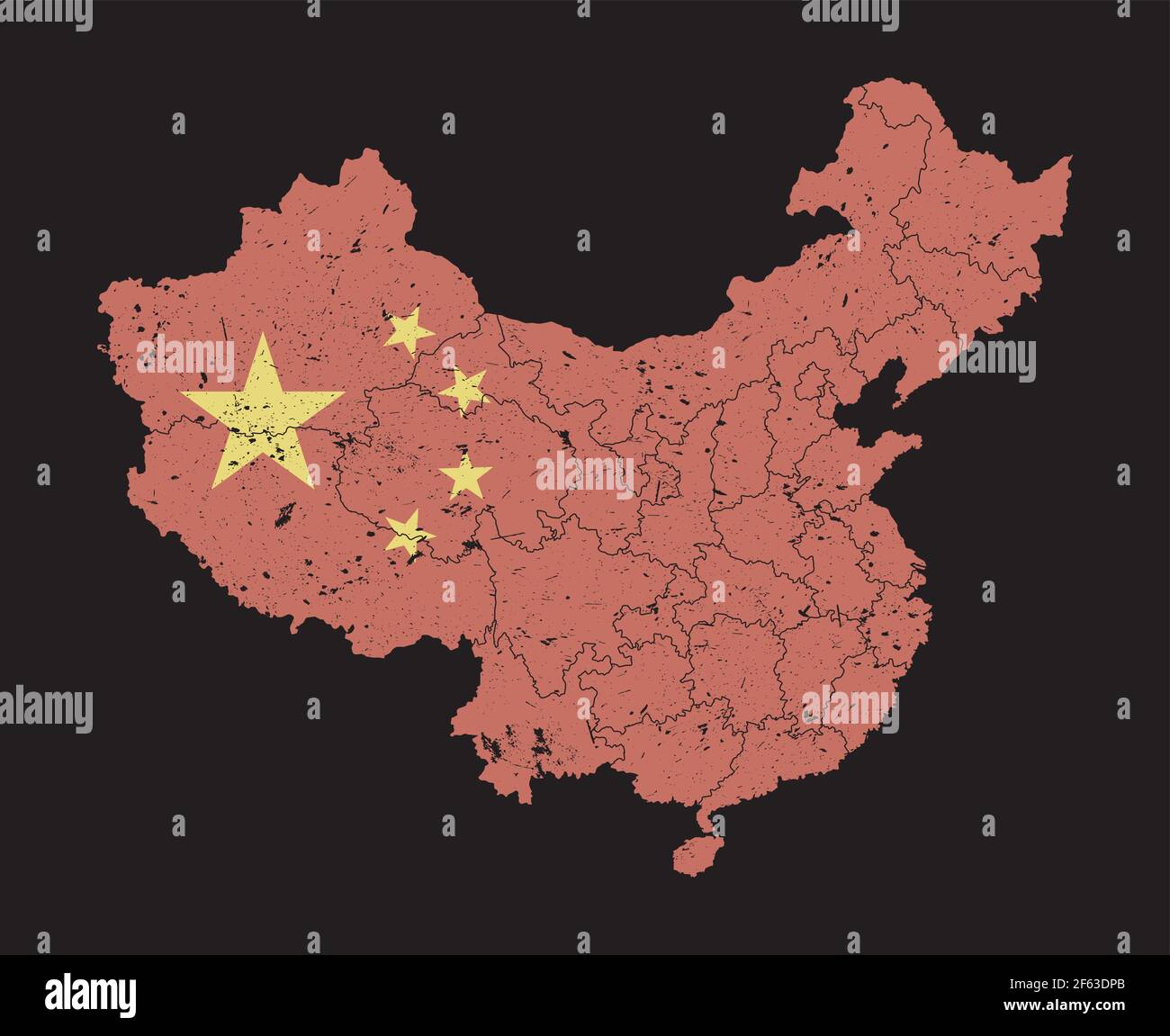 Mappa della Cina con schema di bandiera e regione della provincia e elemento di particelle di polvere grunge sulla mappa . Alto dettagliato . Colore piatto . Vettore . Illustrazione Vettoriale
