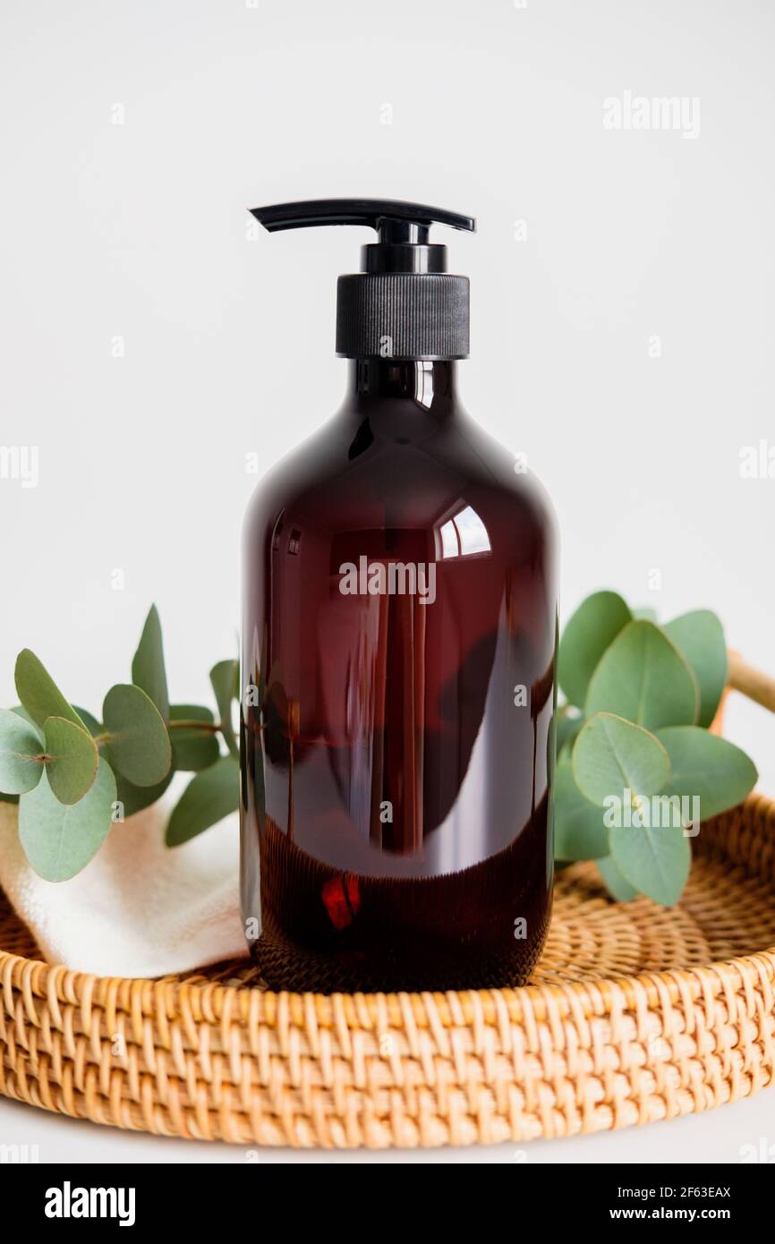Flacone di sapone liquido con pompa ed eucalipto. Prodotti naturali per la bellezza biologica per l'igiene personale Foto Stock