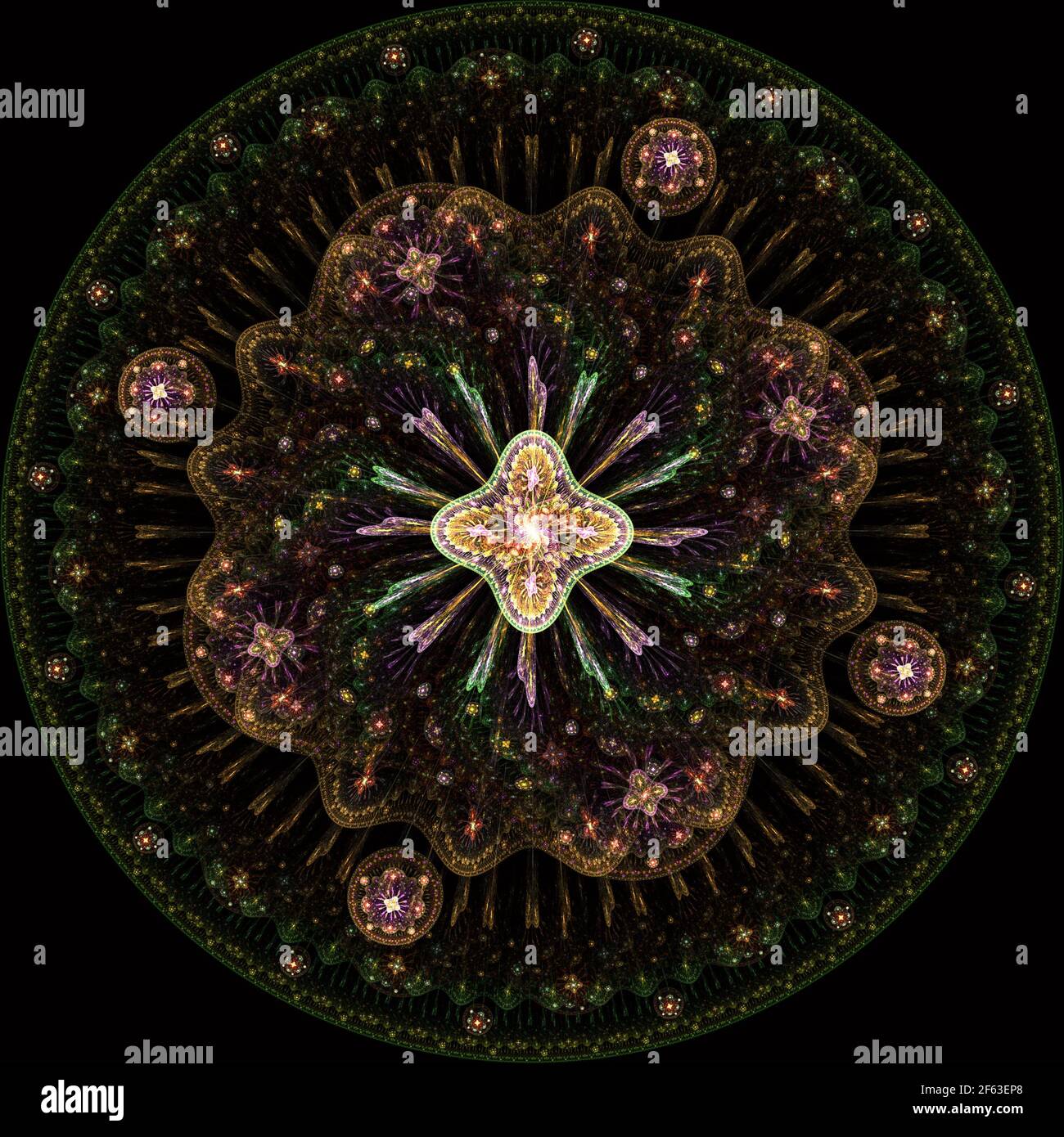 Mandala frattale su sfondo. Pazzi frattali astratti con pattern caleidoscopico Foto Stock