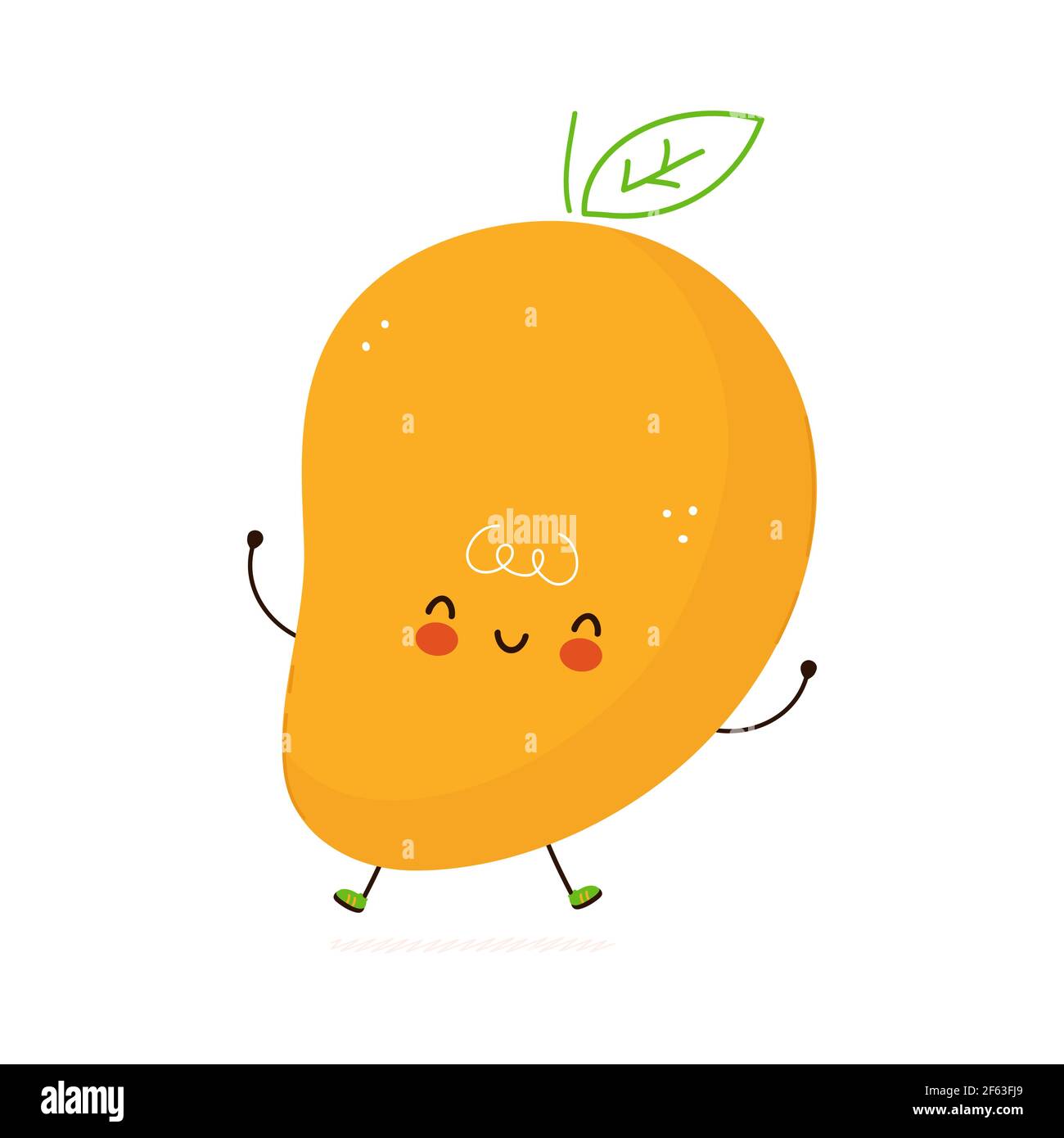 Carino divertente personaggio frutto Mango. Icona raffigurante il carattere kawaii del fumetto disegnato a mano del vettore. Isolato su sfondo bianco. Concetto di carattere di frutta di mango Illustrazione Vettoriale