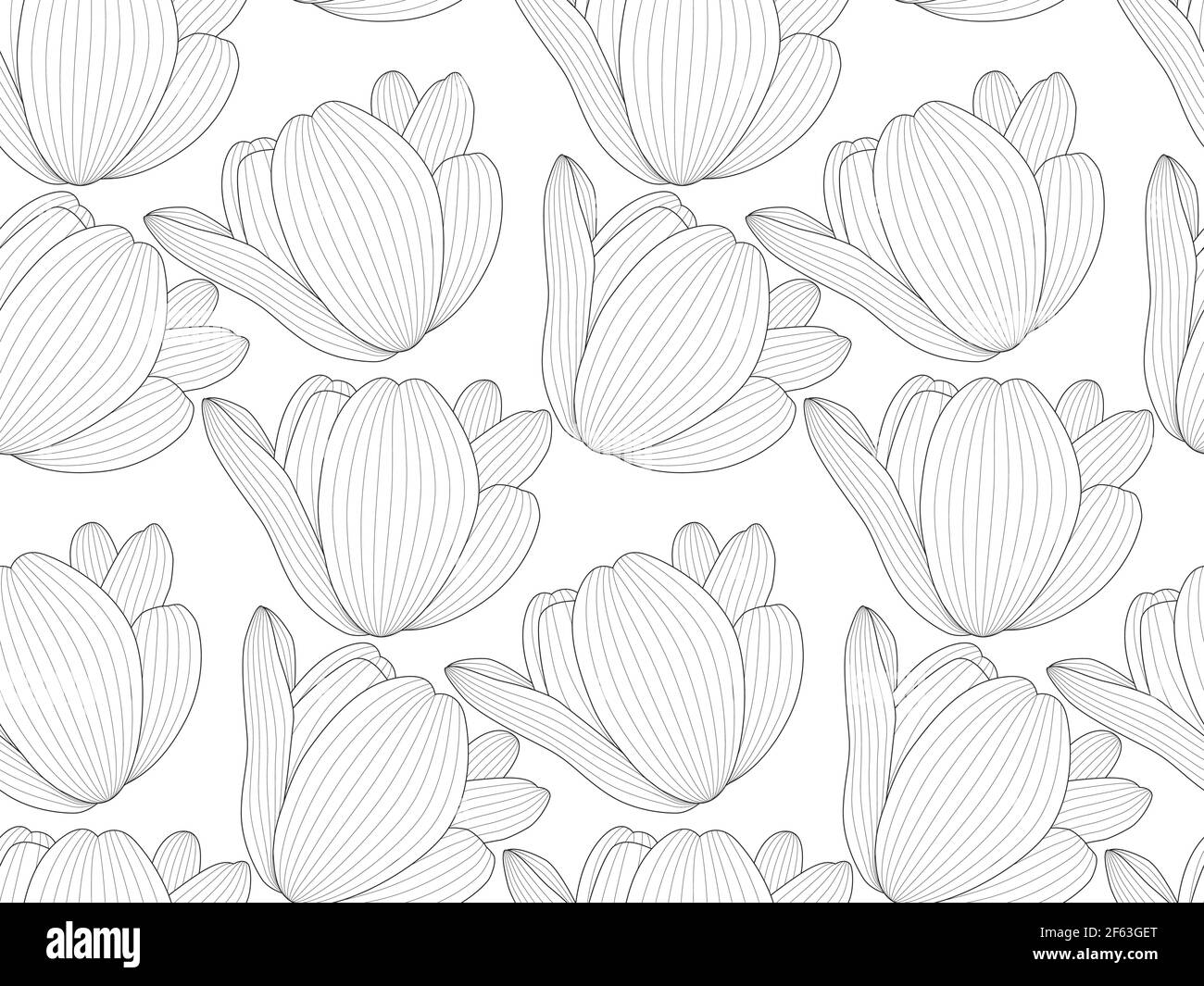 Immagine disegnata tulipano bianco e nero con una linea di contorno. Ripetizione senza giunture in orizzontale e verticale Illustrazione Vettoriale