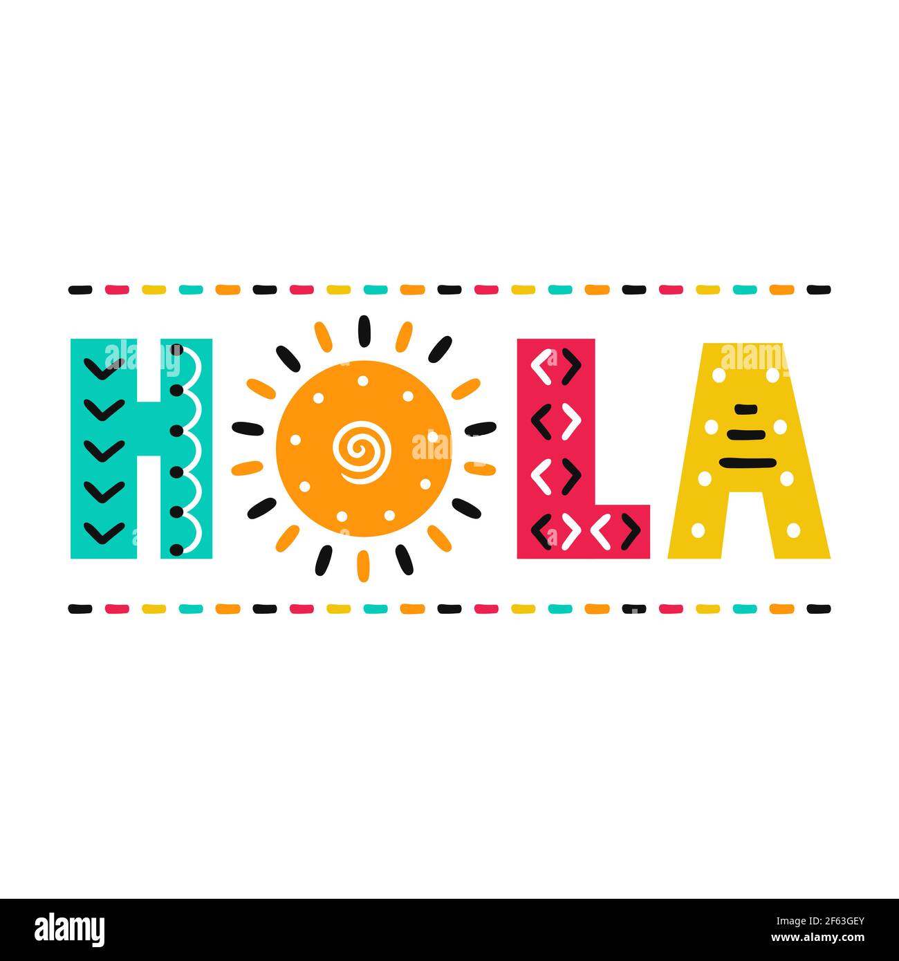Citazione di Hola con sole. Illustrazione vettoriale di cartoni animati in stile scandinavo. Isolato su sfondo bianco. Stampa di testo Hola per T-shirt, poster, cartoncino concept Illustrazione Vettoriale