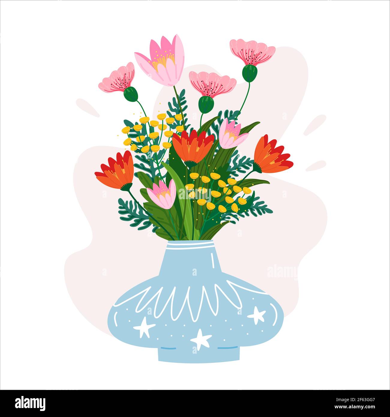 Bouquet di fiori in vaso blu. Simpatico e accogliente cartoon disegnata a mano illustrazione vettoriale isolato con mimosa, garofano, tulipano e fiori di felce. Bene Illustrazione Vettoriale