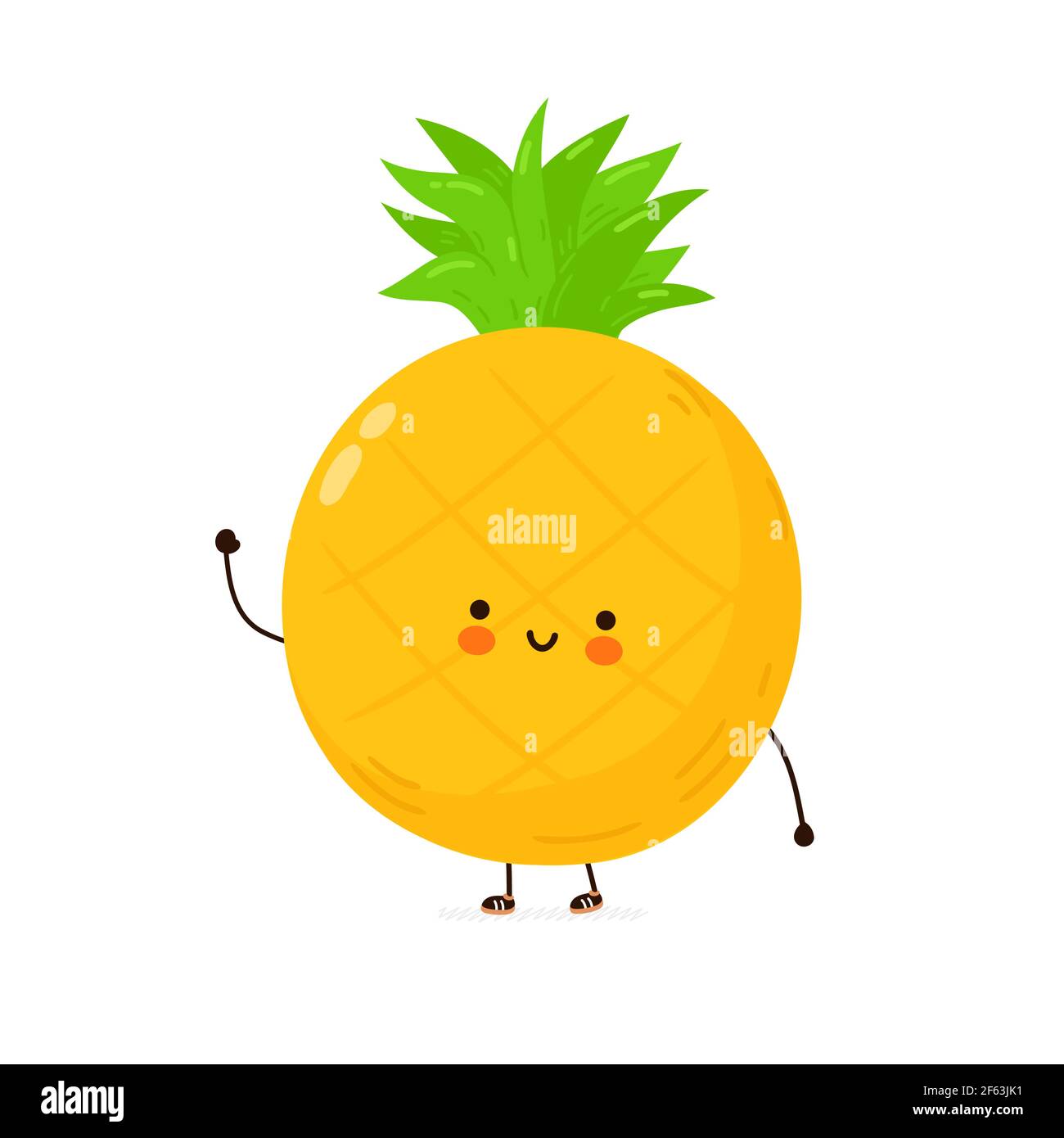 Carino divertente personaggio frutto ananas. Icona raffigurante il carattere kawaii del fumetto disegnato a mano del vettore. Isolato su sfondo bianco. Concetto di carattere di frutta di ananas Illustrazione Vettoriale