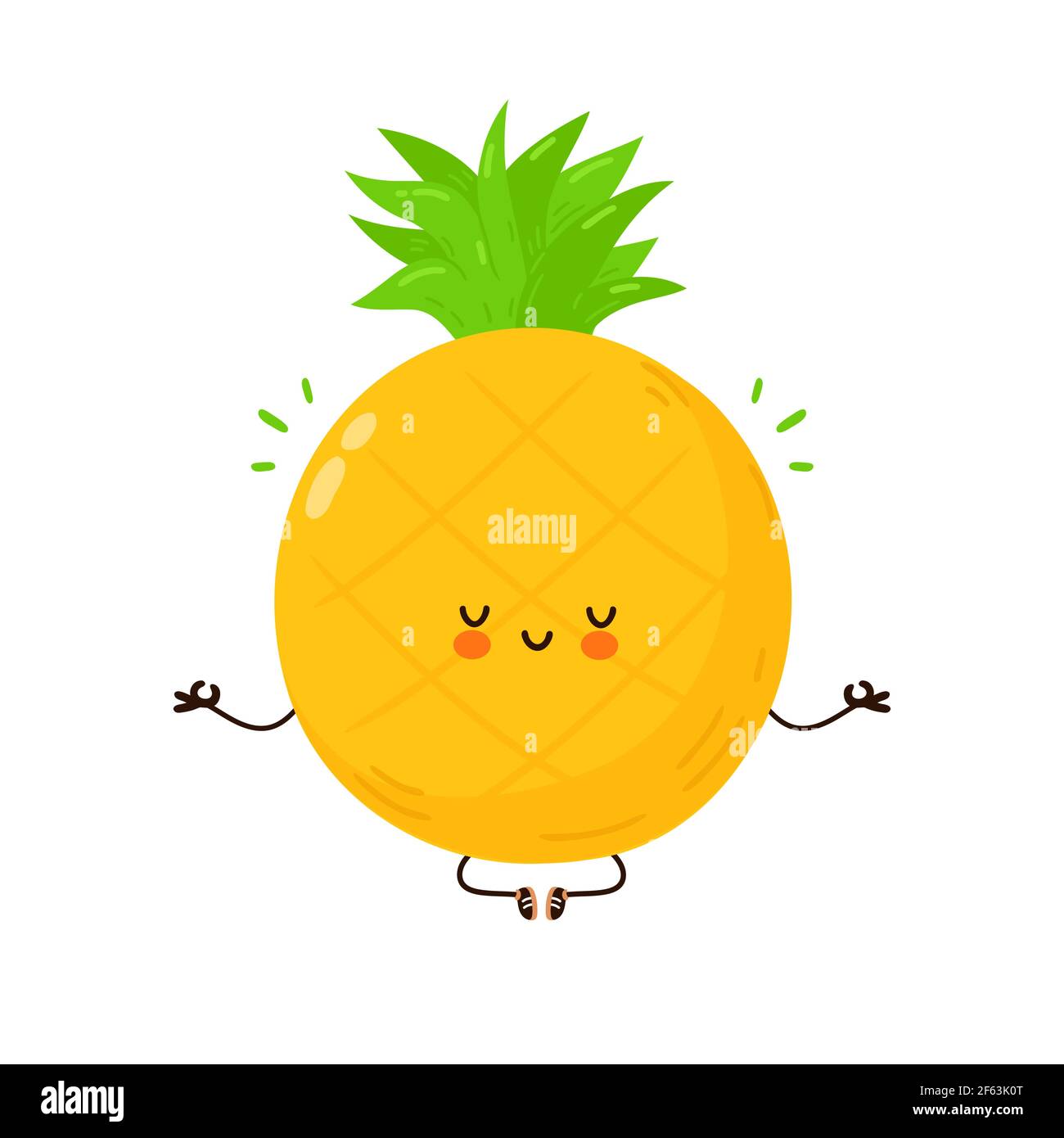 Carino divertente ananas frutta meditare in posa yoga. Icona raffigurante il carattere kawaii del fumetto disegnato a mano del vettore. Isolato su sfondo bianco. Concetto di meditate di frutta di ananas Illustrazione Vettoriale
