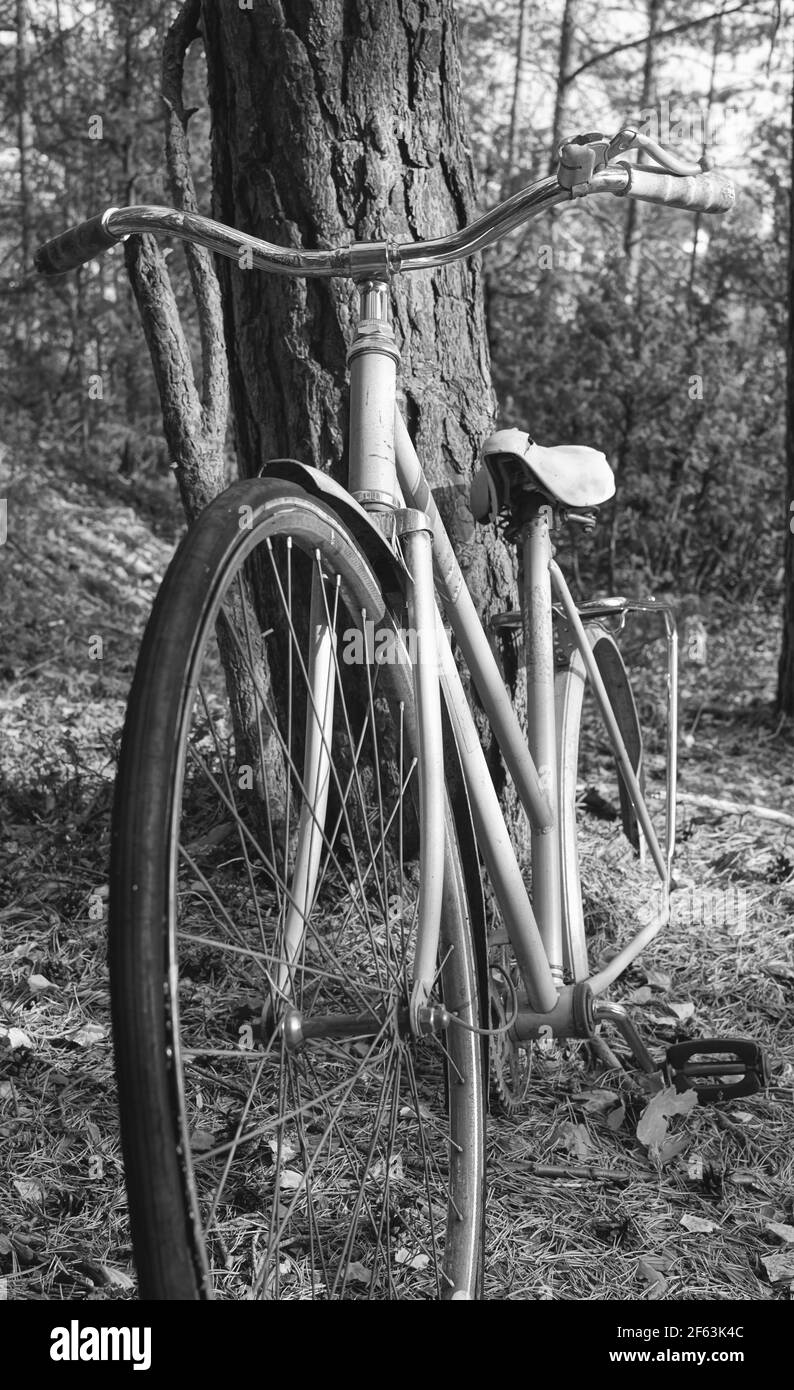 Bicicletta abbandonata con la ruota posteriore mancante Foto Stock