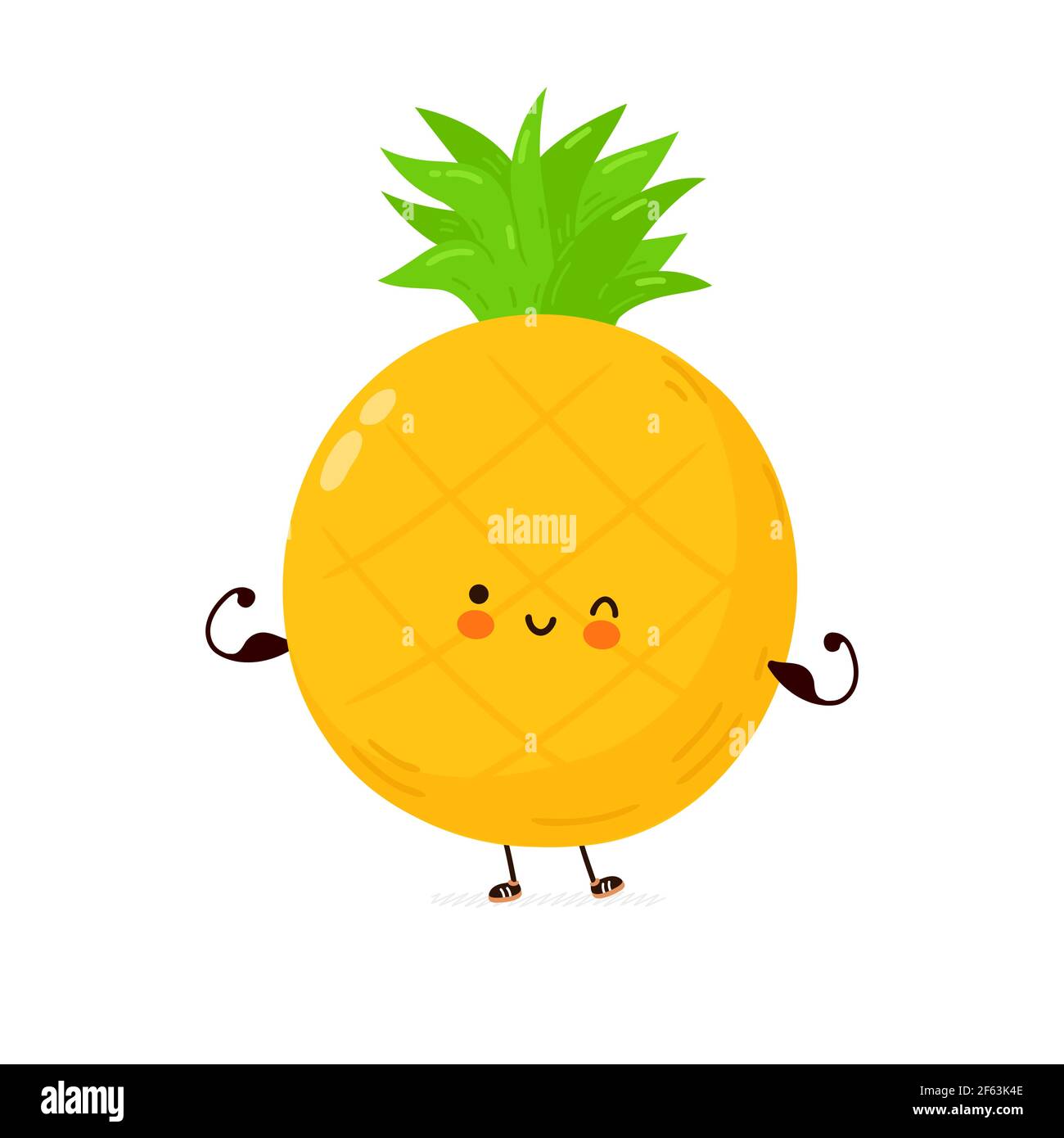 Carino divertente frutta di ananas mostra muscolo. Icona raffigurante il carattere kawaii del fumetto disegnato a mano del vettore. Isolato su sfondo bianco. Concetto di fitness con frutta all'ananas Illustrazione Vettoriale