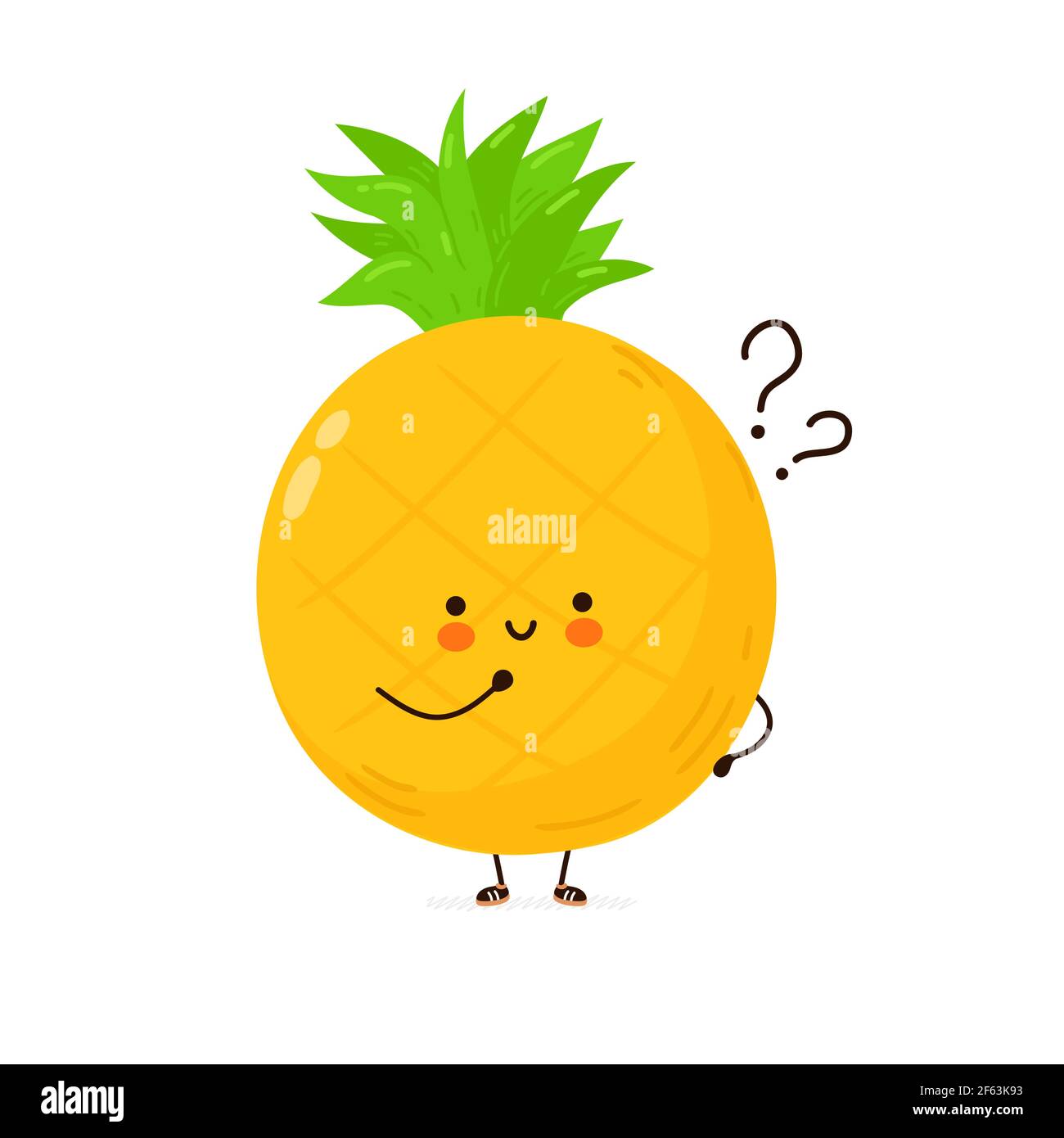 Carino divertente frutta di ananas con punti interrogativi. Icona raffigurante il carattere kawaii del fumetto disegnato a mano del vettore. Isolato su sfondo bianco. Concetto di pensiero di frutta di ananas Illustrazione Vettoriale