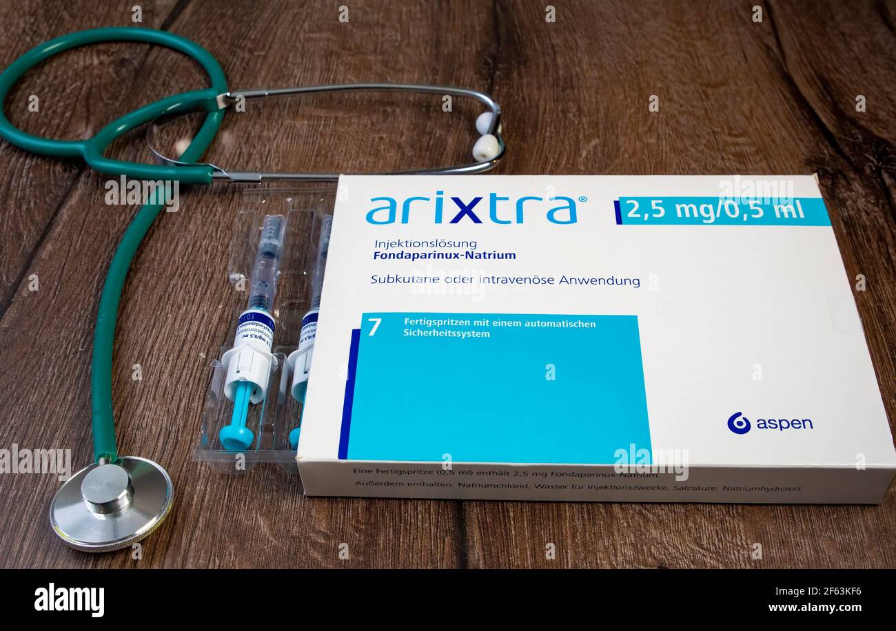 ARIXTRA è un medicinale da prescrizione che viene usato per: Aiutare a prevenire la formazione di coaguli di sangue nelle persone. Fondaparinux sodico Foto Stock