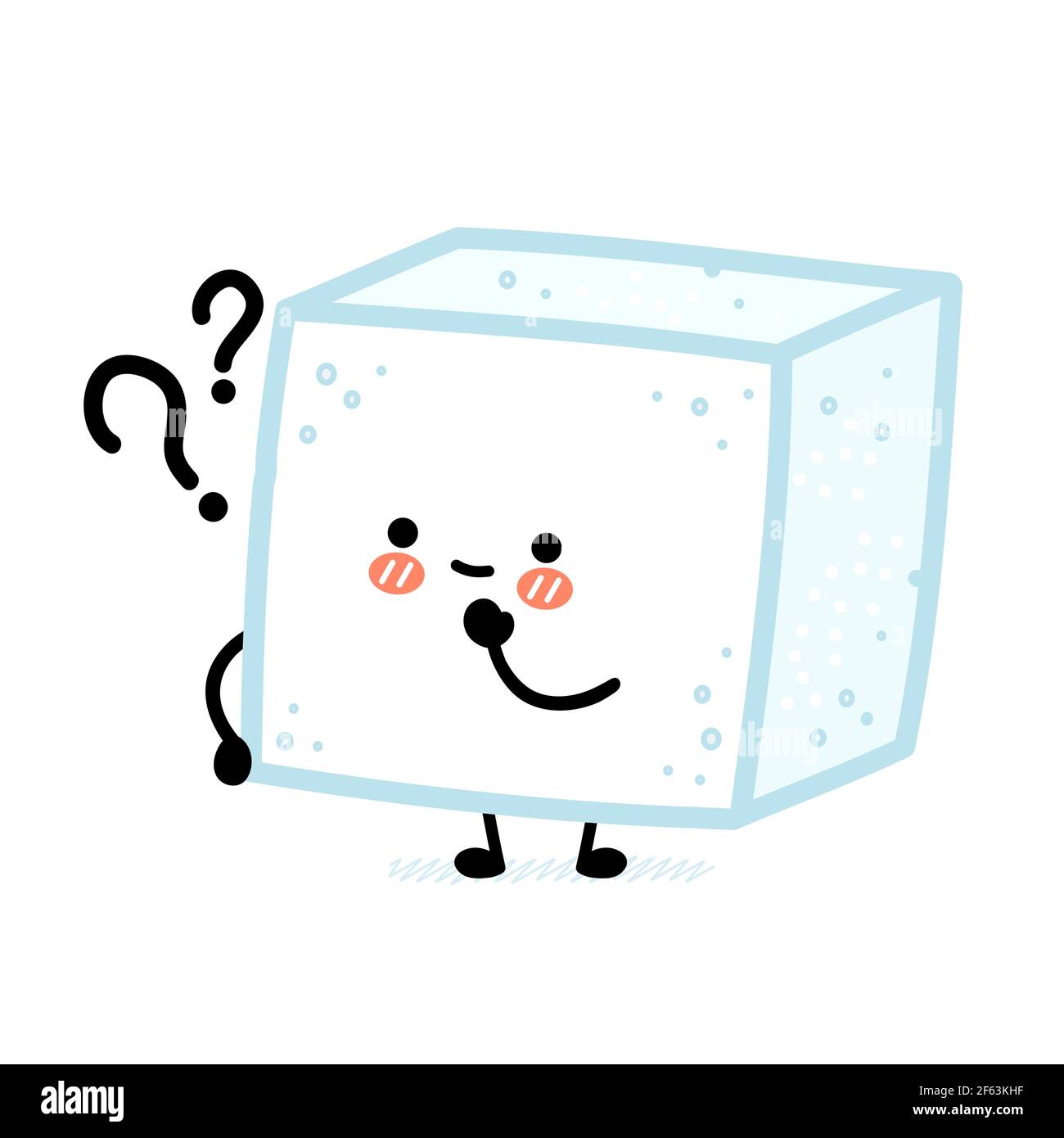 Carino divertente felice pezzo di zucchero cubo carattere con punti interrogativi. Icona di illustrazione del carattere kawaii della cartoon vettoriale a linea piatta. Isolato su sfondo bianco. Concetto di carattere cubico di zucchero Illustrazione Vettoriale