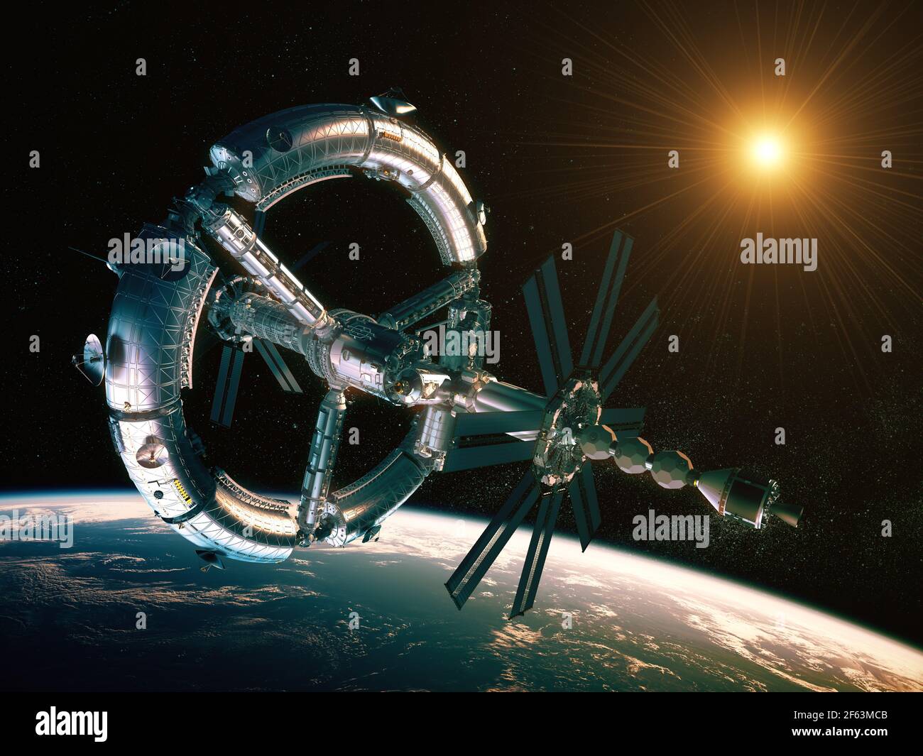 Nuova futuristica Stazione spaziale orbitante pianeta Terra Foto Stock