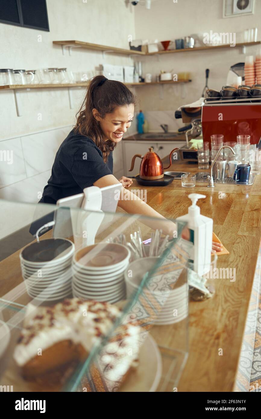 Barista giovane donna con in piedi e pulire il banco bar in una caffetteria, banco disinfettante Foto Stock