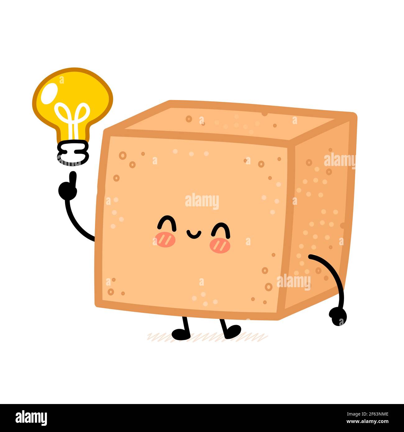 Carino personaggio cubo zucchero canna marrone con idea lampadina. Icona di illustrazione del carattere kawaii della cartoon vettoriale a linea piatta. Isolato su sfondo bianco. Zucchero, canna da zucchero concetto di carattere cubico non raffinato Illustrazione Vettoriale