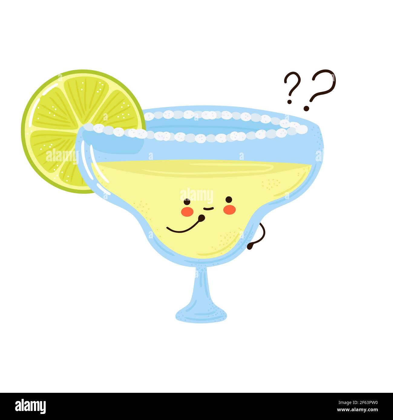Simpatico cocktail Margarita divertente con punti interrogativi. Icona raffigurante il carattere kawaii del fumetto disegnato a mano del vettore. Isolato su sfondo bianco. Il cocktail Margarita pensa al concetto Illustrazione Vettoriale