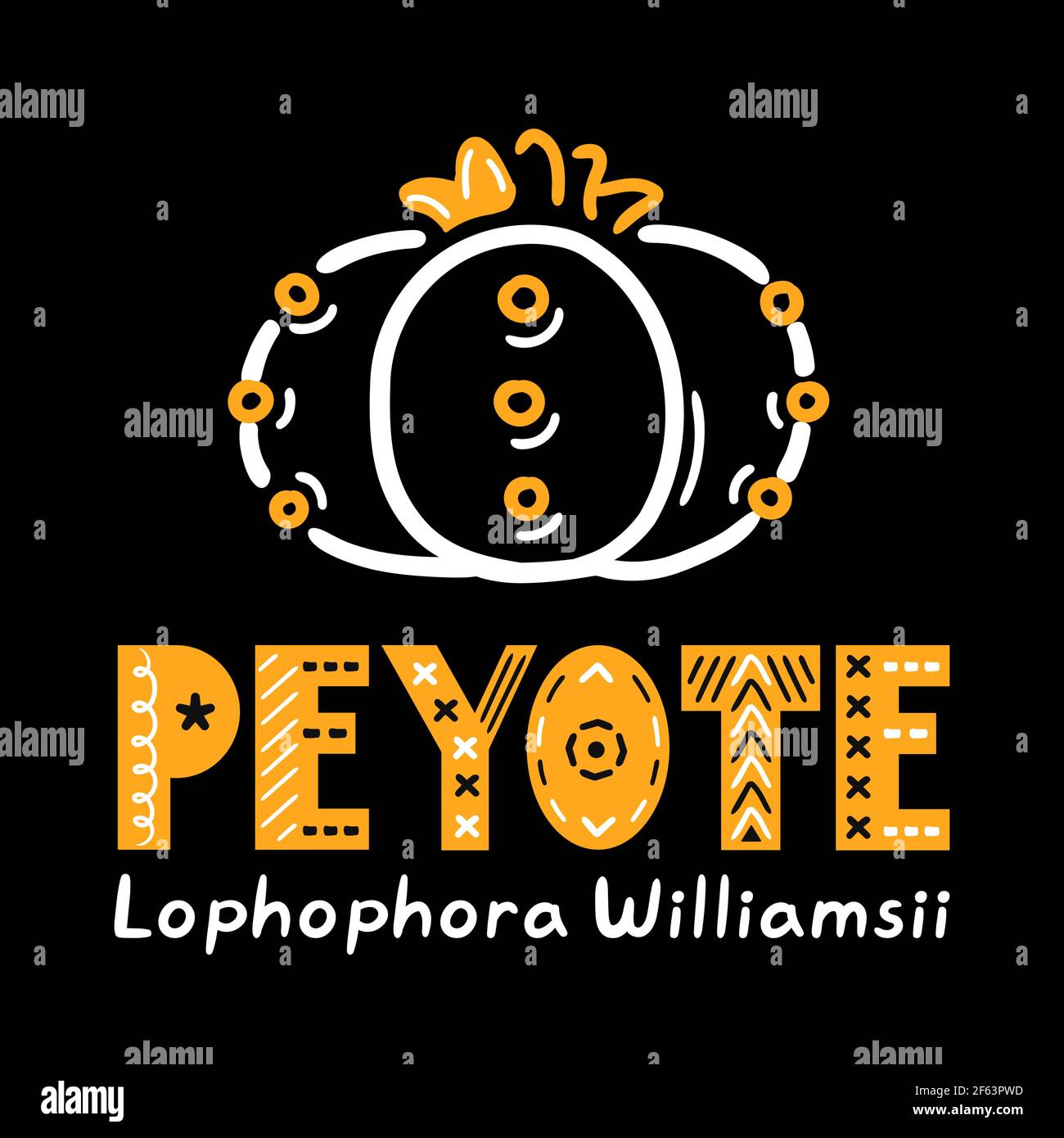 Cactus Peyote. Disegno di icone di illustrazione di cartoni animati vettoriali. Entheogen pianta Peyote cactus t-shirt, poster stampa concetto Illustrazione Vettoriale