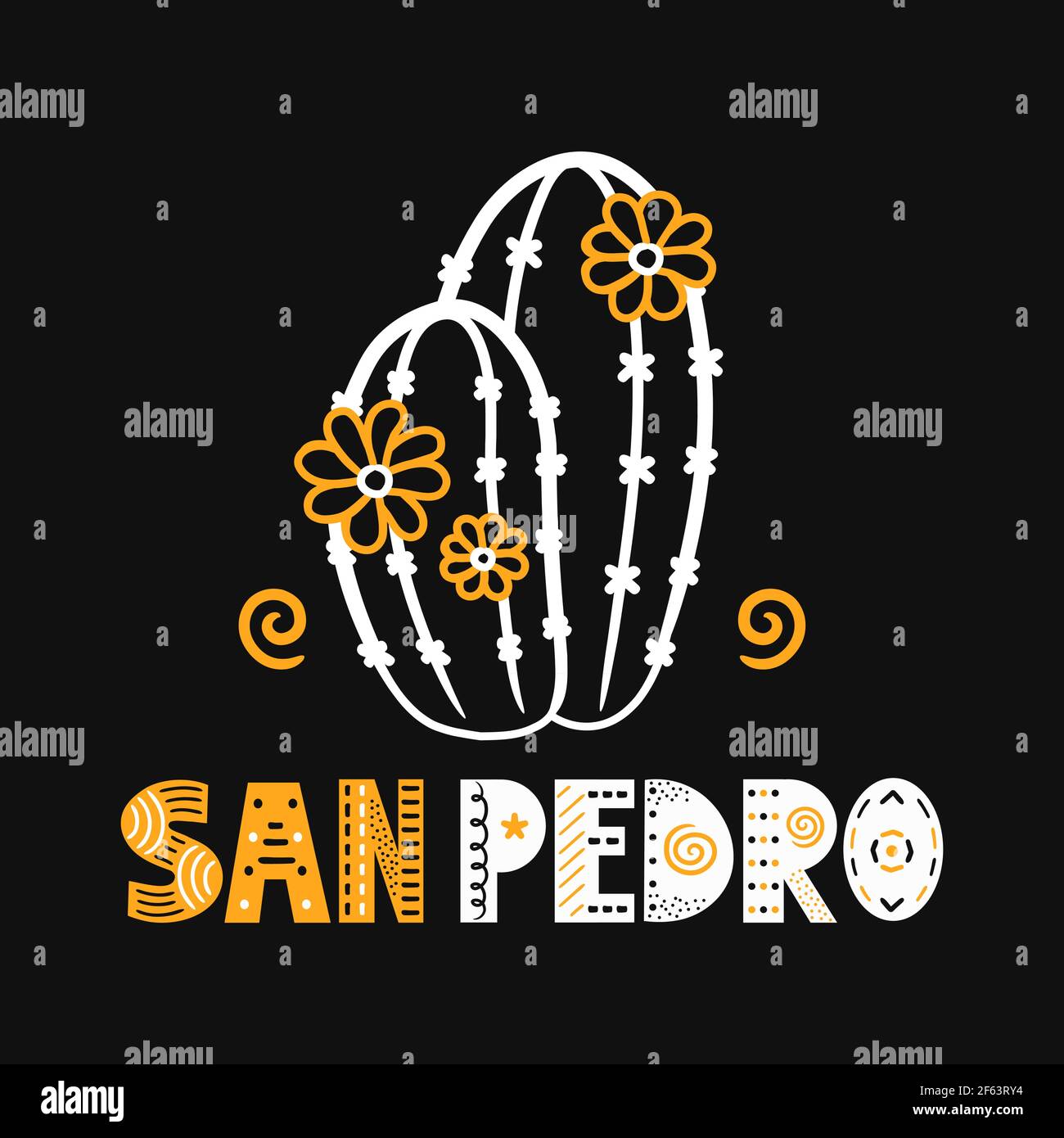 San Pedro cactus. Disegno di icone di illustrazione di cartoni animati vettoriali. Entheogen pianta San Pedro cactus t-shirt, poster stampa concetto Illustrazione Vettoriale