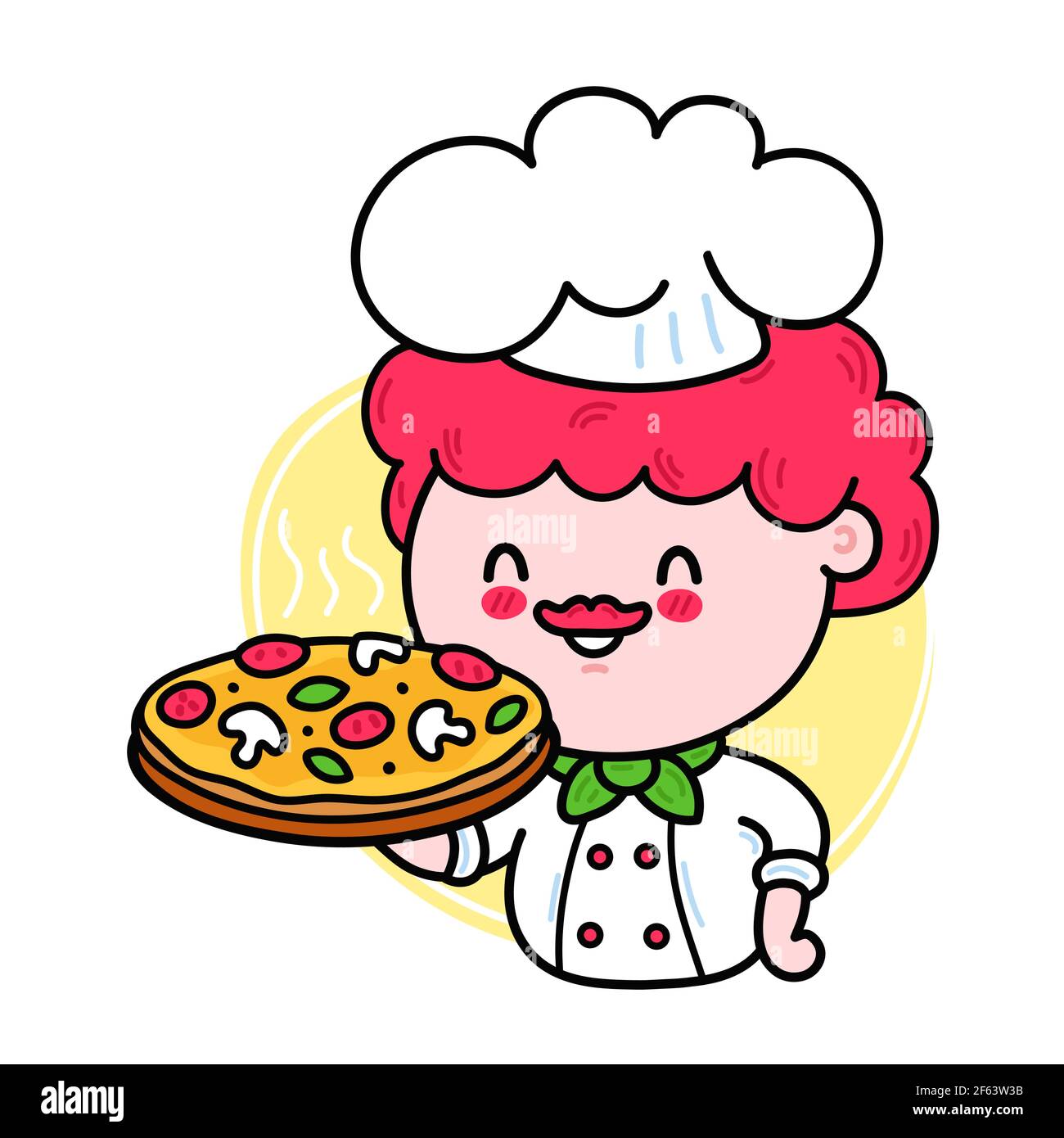 Simpatico cuoco cuoco divertente tenere carattere pizza. Icona raffigurante il carattere kawaii del fumetto disegnato a mano del vettore. Isolato su sfondo bianco. Carino kawaii cuoco carattere con concetto di pizza logo Illustrazione Vettoriale