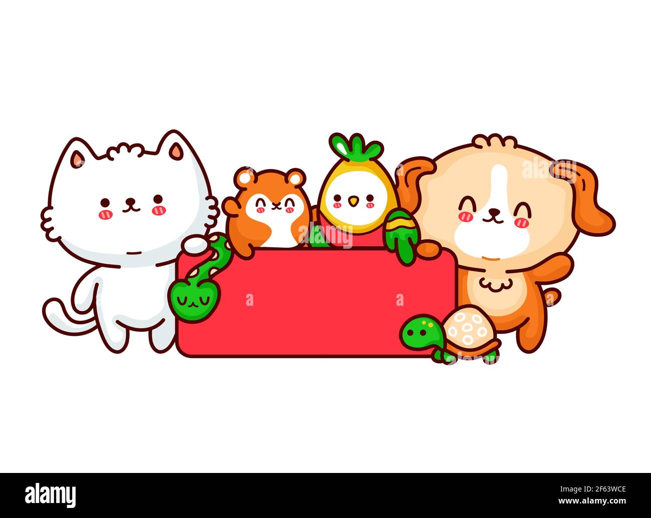 Modello logo PET Shop. Carino cane divertente, gatto, criceto, perrot, serpente, tartaruga. Icona di illustrazione del carattere kawaii della cartoon vettoriale a linea piatta. Isolato su sfondo bianco. Concetto di personaggi del negozio di animali domestici Illustrazione Vettoriale