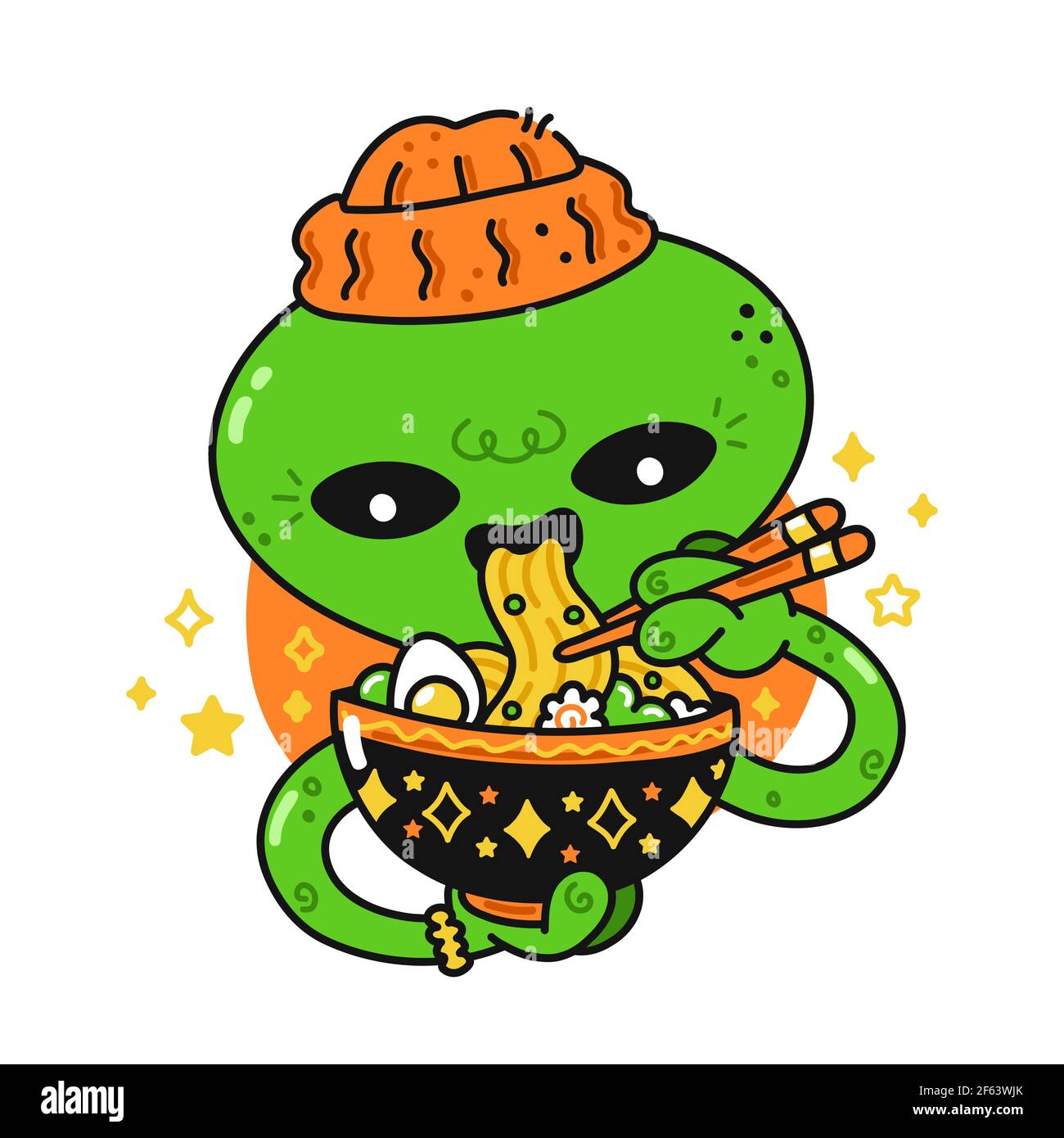 Carino divertente alieno felice mangiare ramen asiatico con bastoncini. Icona di illustrazione del carattere kawaii della cartoon vettoriale a linea piatta. Isolato su sfondo bianco. Concetto alimentare alieno, giapponese, coreano, cinese Illustrazione Vettoriale
