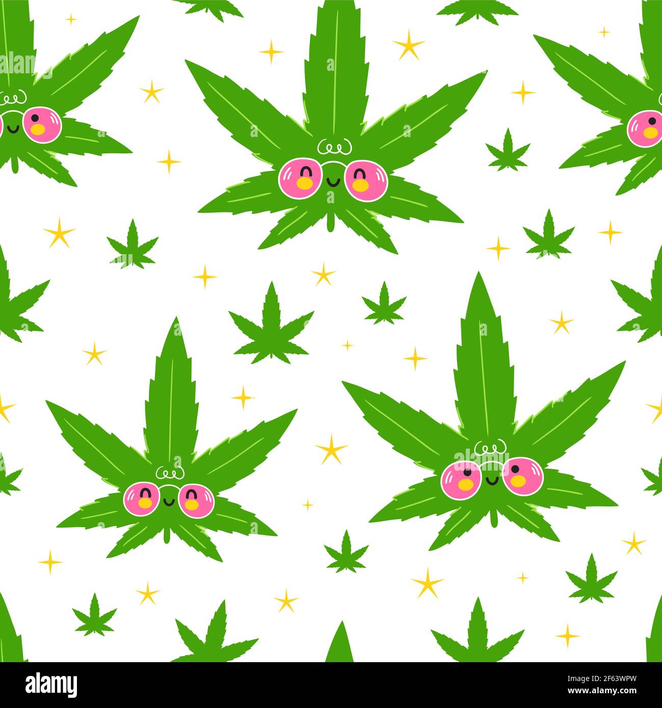 Carino simpatico allegro erbacce foglie di marijuana e stelle senza cuciture modello. Disegno di icone di illustrazione di cartoon vettoriale kawaii. Isolato su sfondo bianco. Carino erbacce marijuana modello senza giunture concetto Illustrazione Vettoriale