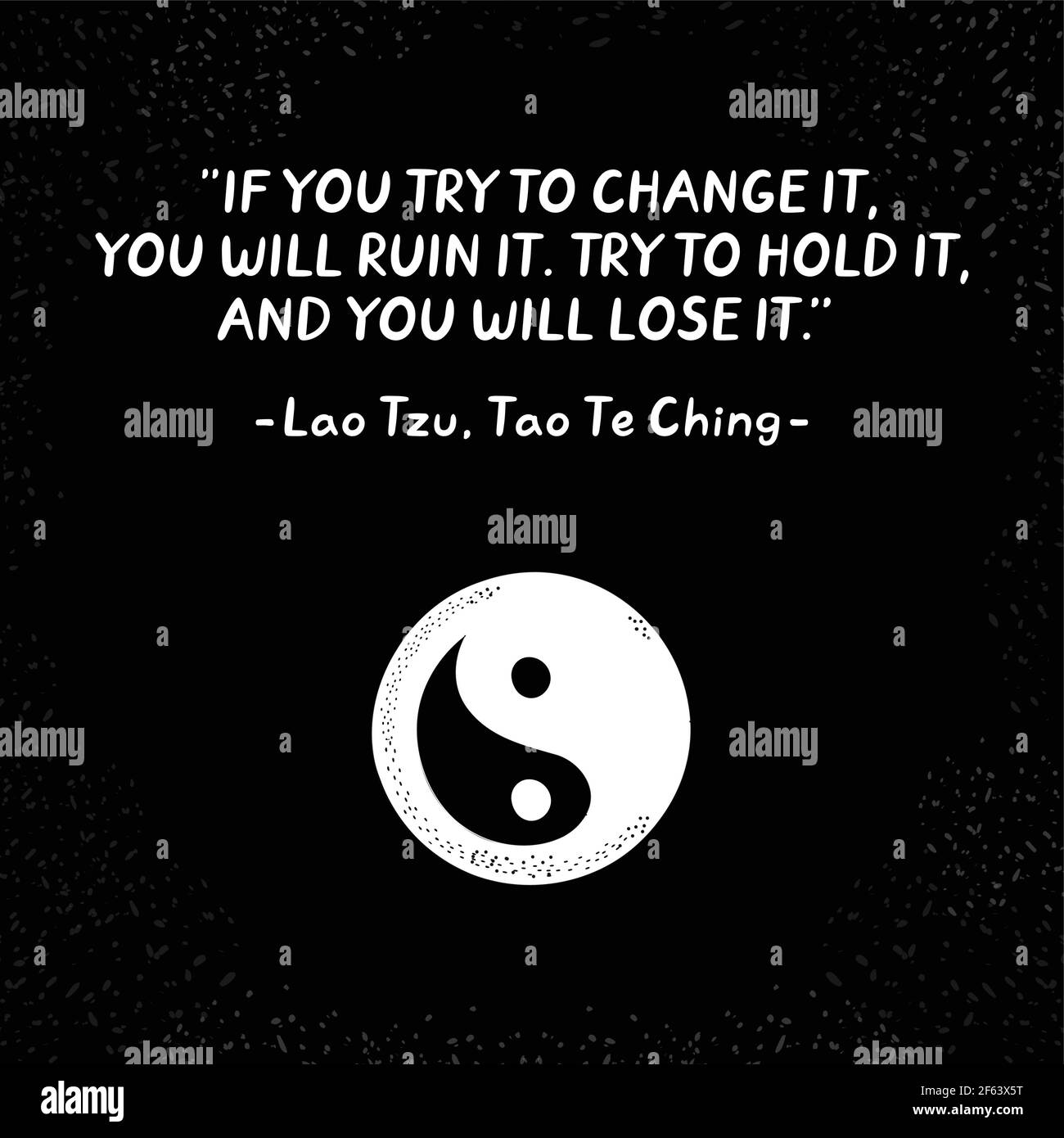 Citazione di Lao Tzu e simbolo Yin Yang. Disegno dell'icona dell'illustrazione dello stile disegnata a mano vettoriale Illustrazione Vettoriale