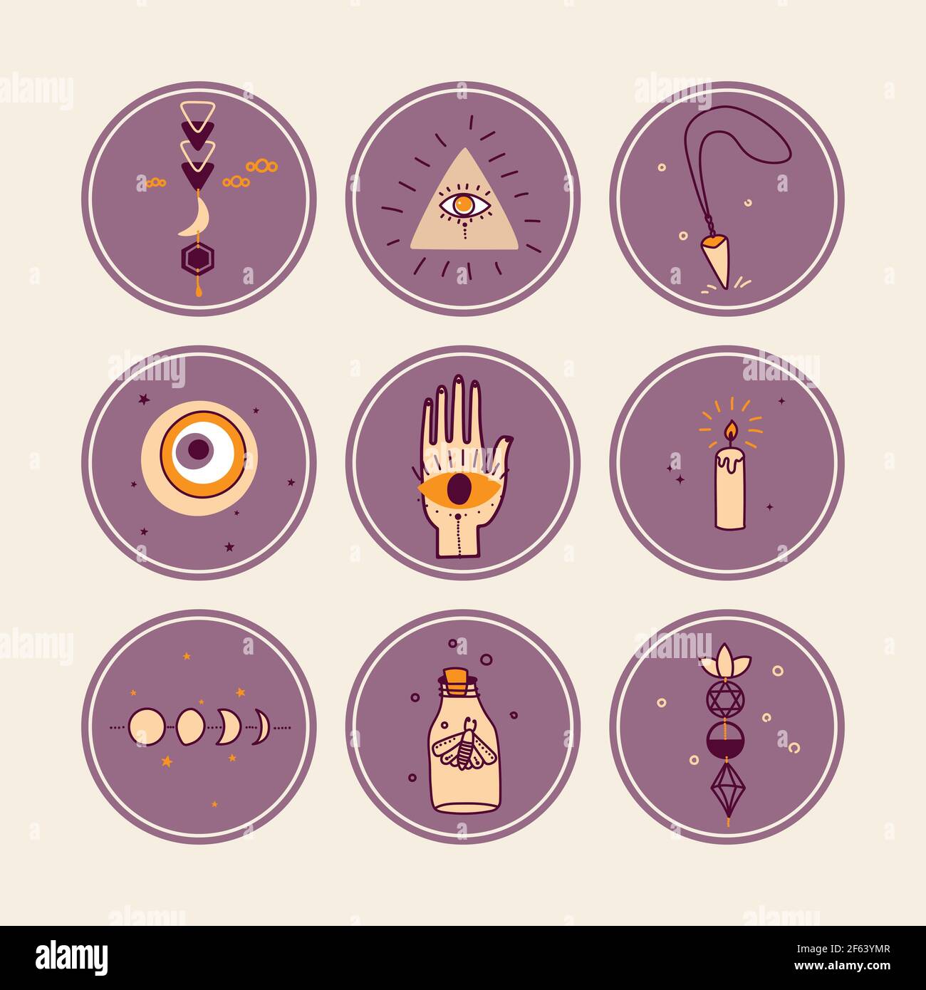 Set di copertine di evidenziazione vettoriali per storie di social media. Concetto magico, esoterico. Raccolta di icone rotonde di oggetti mistici. Illustrazione Vettoriale