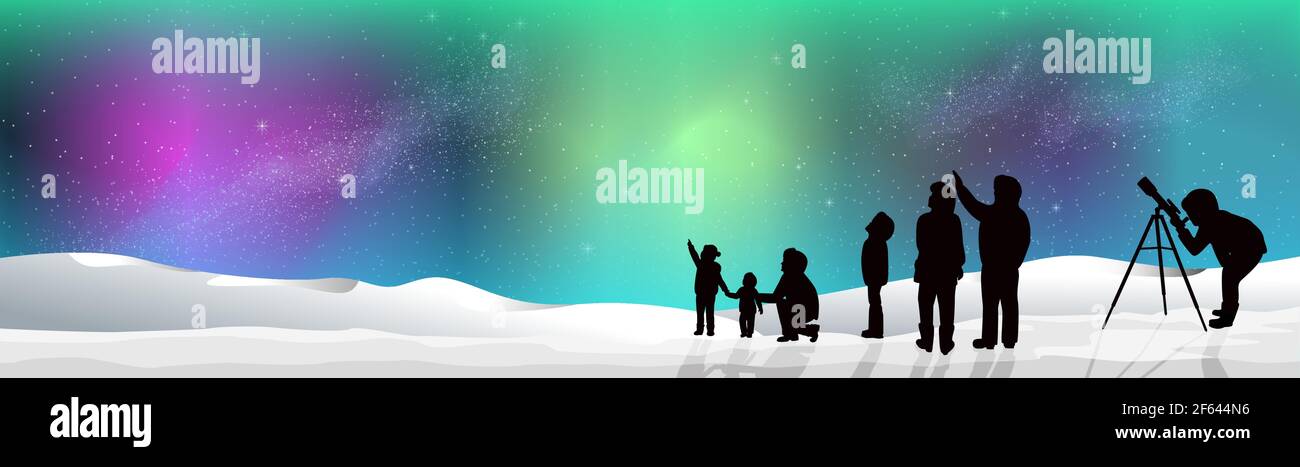 BANNER Aurora aurora aurora boreale nella neve. Osservare le stelle del cielo notturno scuro. Un gruppo di persone famiglia e amici con uomo donna e bambini wi Illustrazione Vettoriale