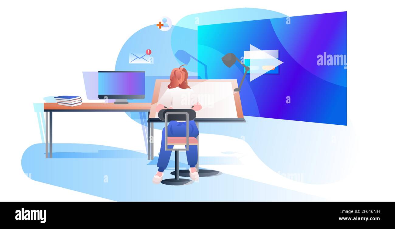 donna seduto sul posto di lavoro social media network concetto di comunicazione online Illustrazione Vettoriale