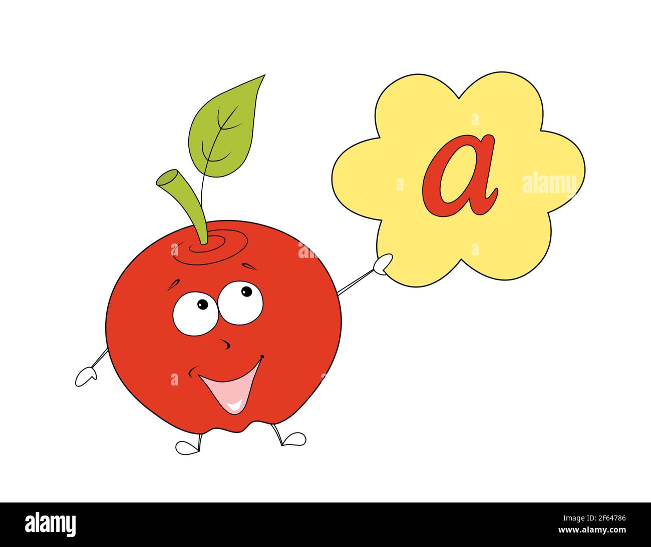 a è per la mela, felice cartone animato rosso frutta con un segno giallo con lettera a, illustrazione isolata su sfondo bianco Foto Stock