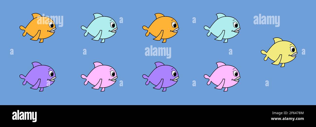 leadership team e leader cartoon, colorata illustrazione digitale di un gruppo di pesci che segue un pesce di fronte che li guida, sfondo blu Foto Stock