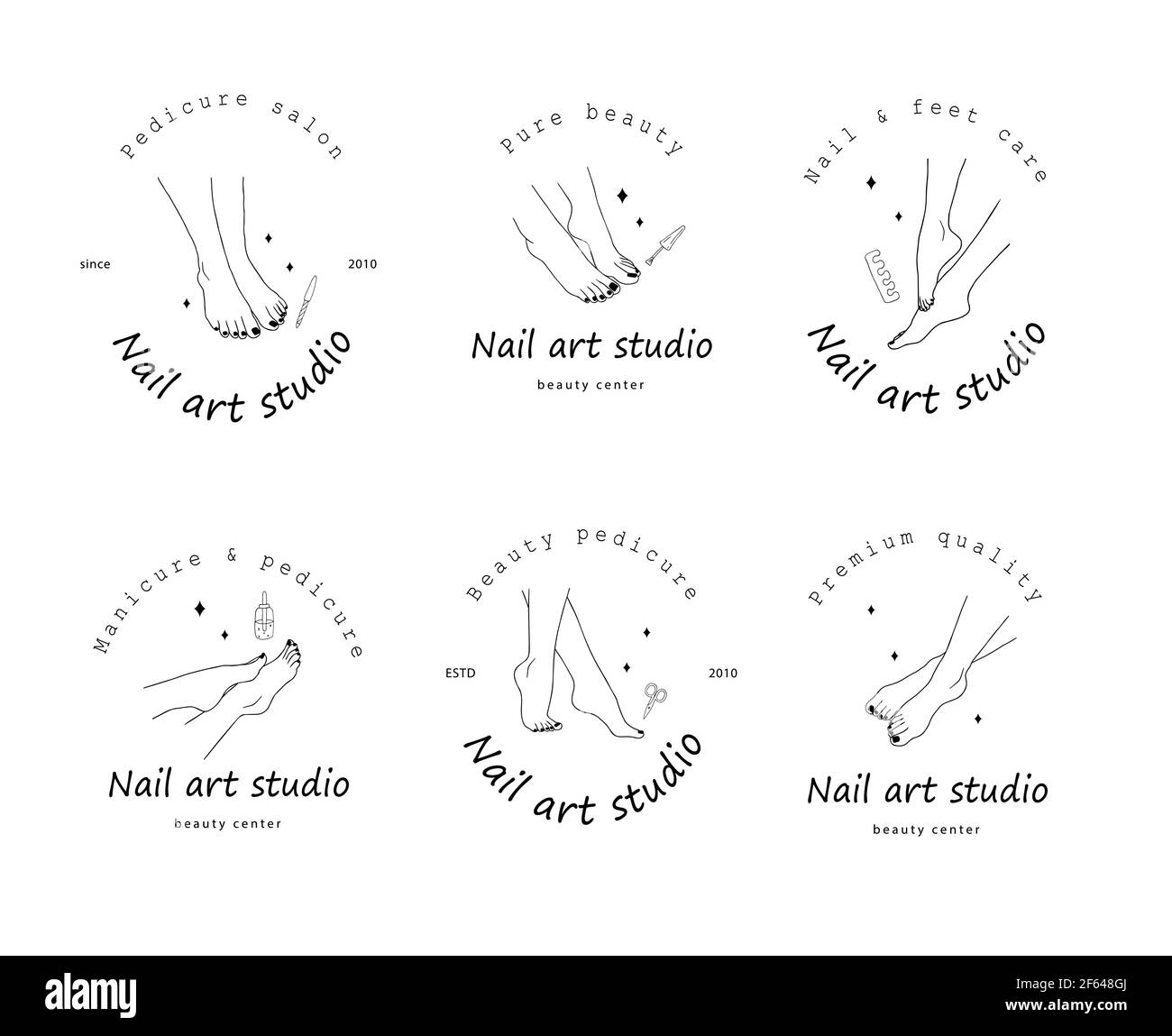 Modello con logo per il salone di pedicure. Concetto di cura dei piedi. Design moderno per studio d'arte delle unghie, centro di bellezza e spa. Illustrazione vettoriale lineare in un trendy Illustrazione Vettoriale