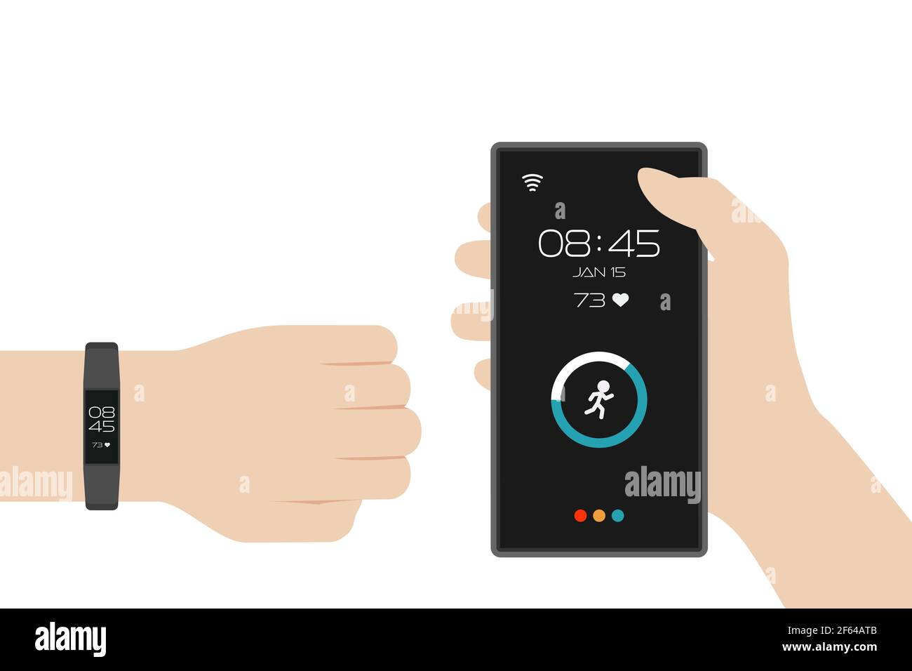 braccialetto activity tracker con illustrazione vettoriale per smartphone con le mani Illustrazione Vettoriale