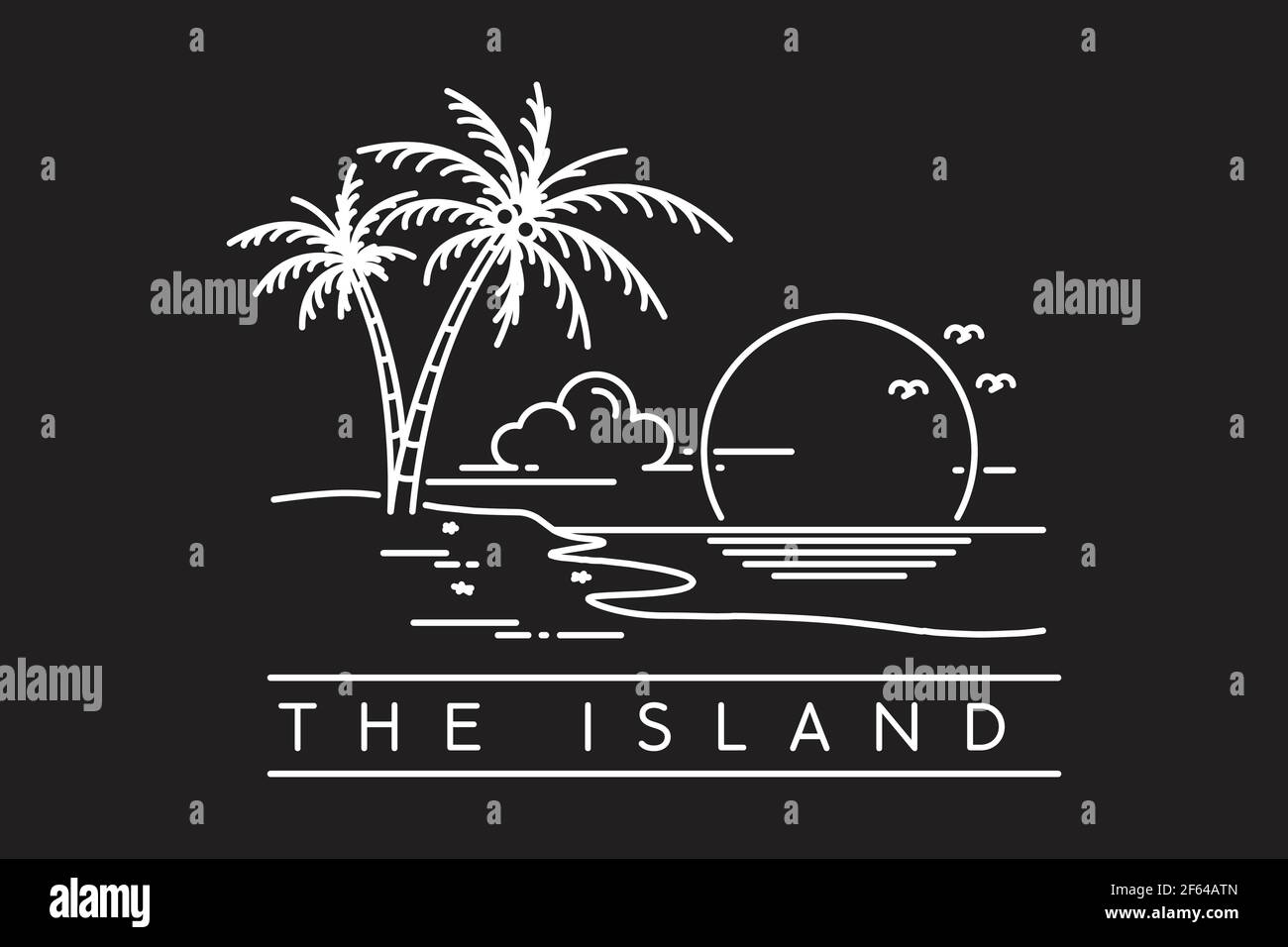 tramonto su un'isola tropicale spiaggia. isola tropicale monolina disegno vettore illustrazione isolato su sfondo nero Illustrazione Vettoriale