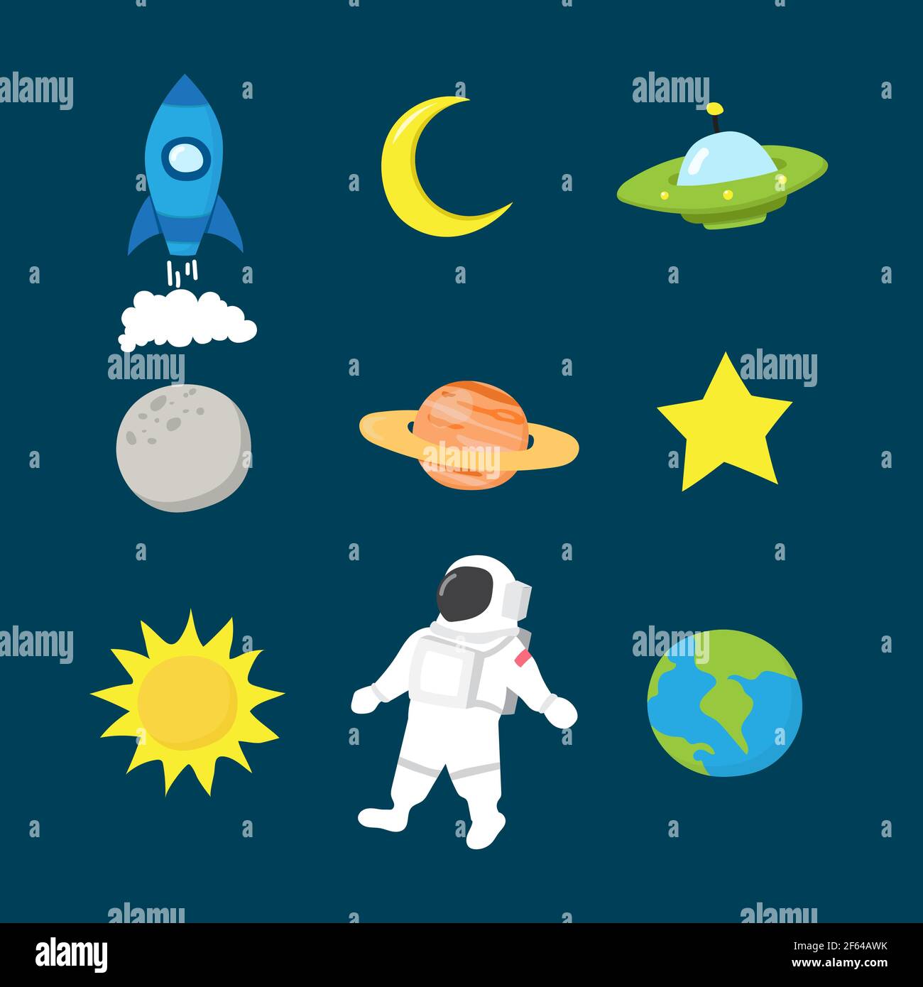 vector design adesivi collezione di astronauti e razzi spaziali con pianeti e stelle che esplorano il sistema solare impostato su un sfondo blu Illustrazione Vettoriale